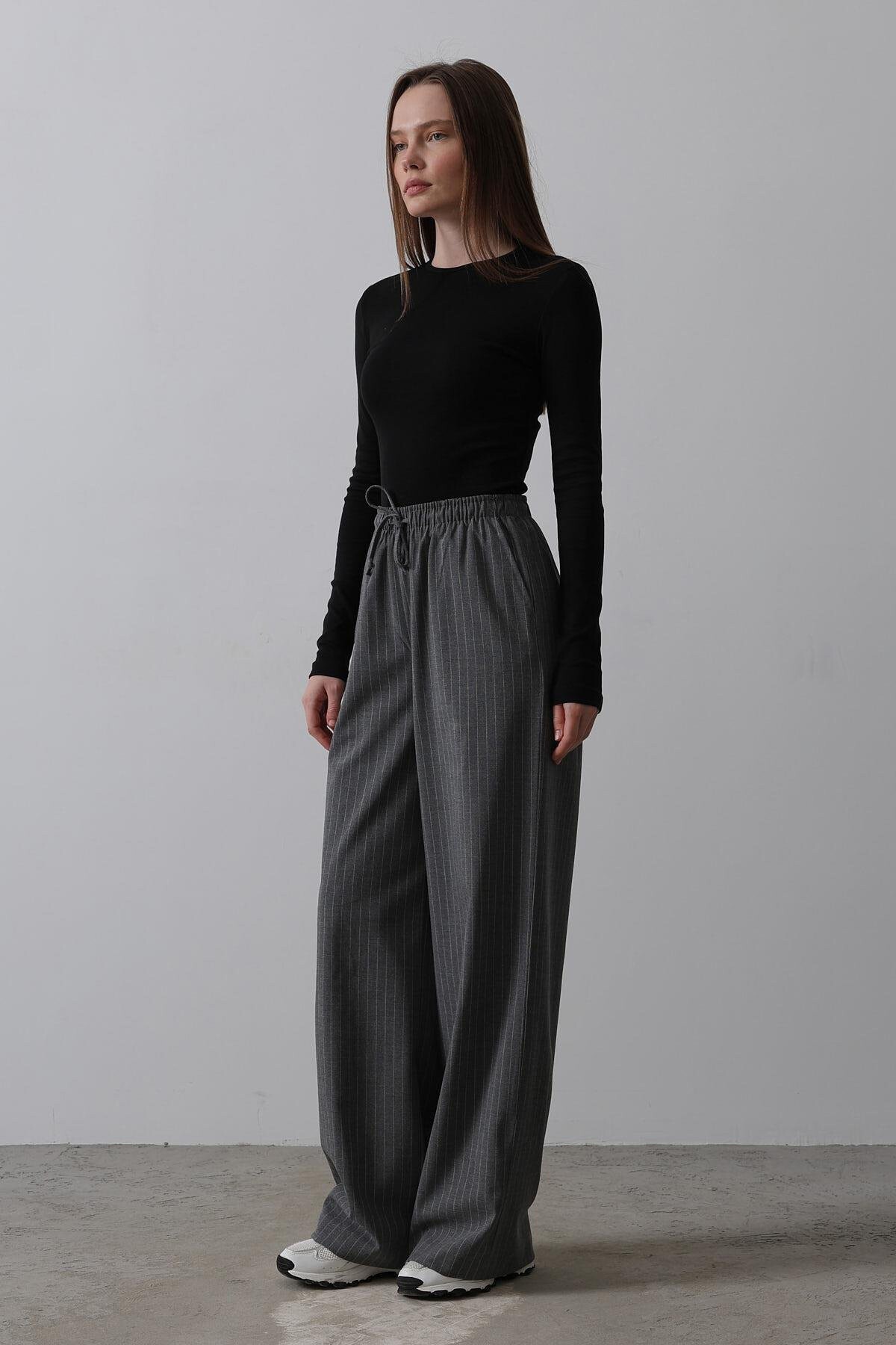 Antrasit Çift Cepli Beli Lastikli Ve Bağcıklı Palazzo Pantolon