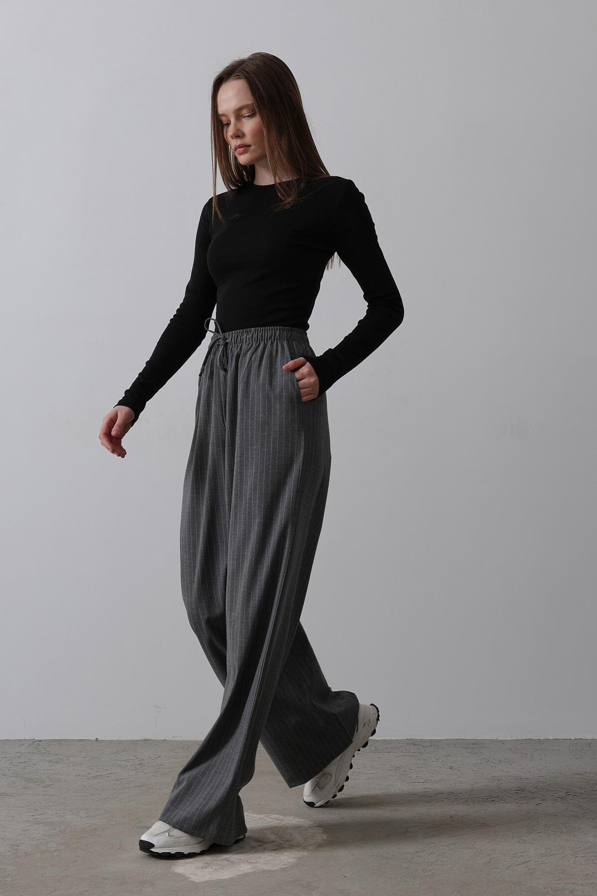 Antrasit Çift Cepli Beli Lastikli Ve Bağcıklı Palazzo Pantolon