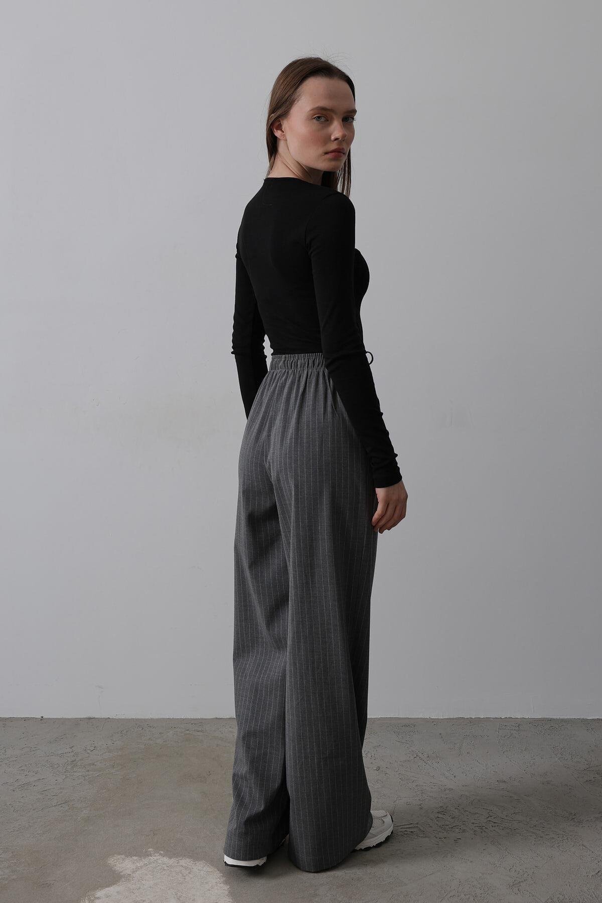 Antrasit Çift Cepli Beli Lastikli Ve Bağcıklı Palazzo Pantolon