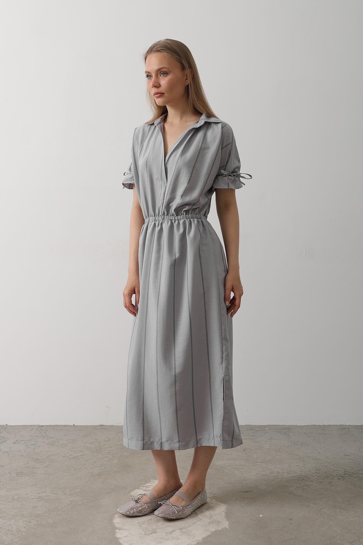 Gri Gömlek Yaka Beli Ve Kolu Lastikli Çizgili Elbise