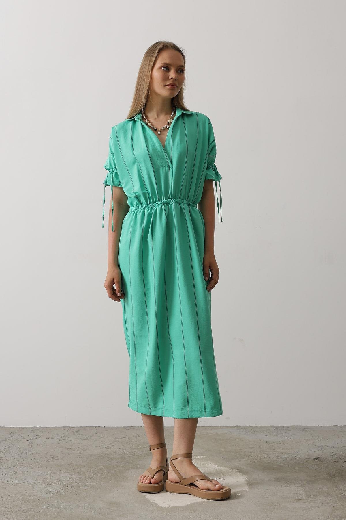 Yeşil Gömlek Yaka Beli Ve Kolu Lastikli Çizgili Elbise