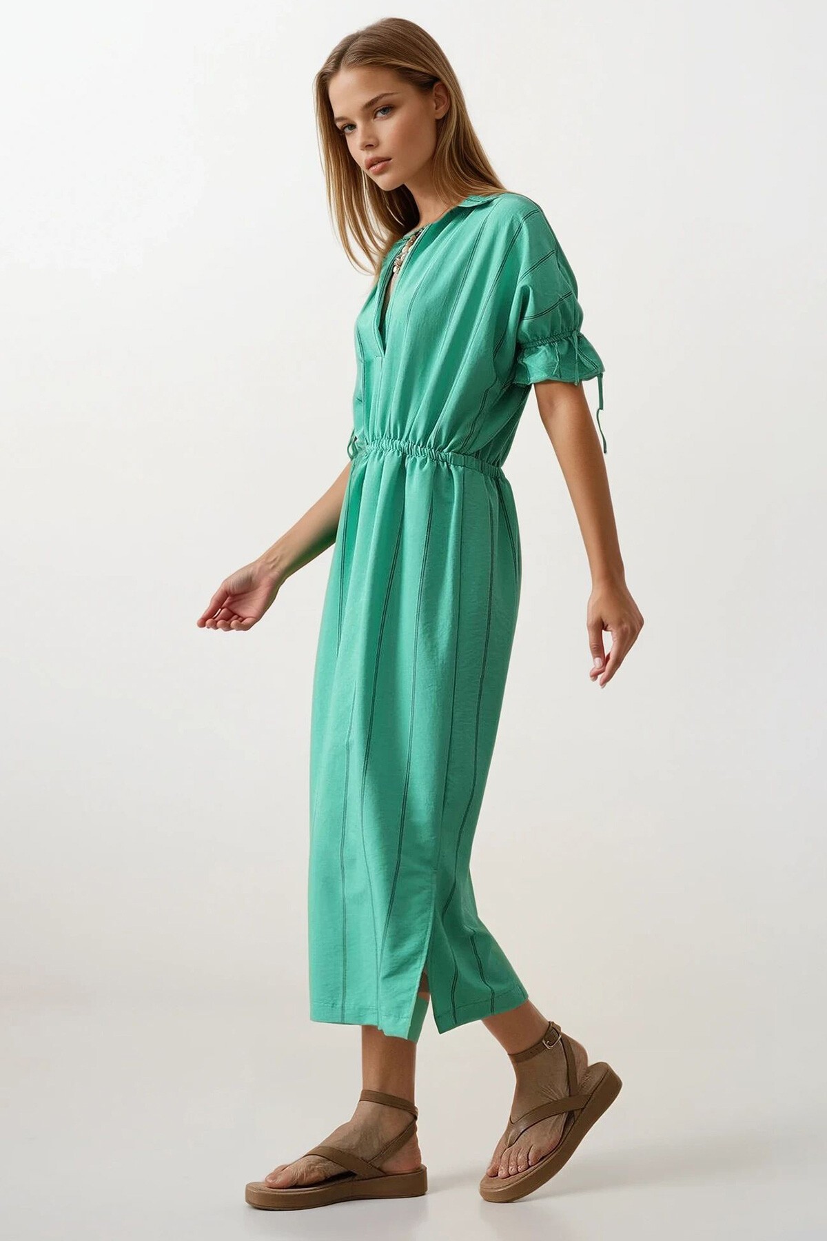 Yeşil Gömlek Yaka Beli Ve Kolu Lastikli Çizgili Elbise