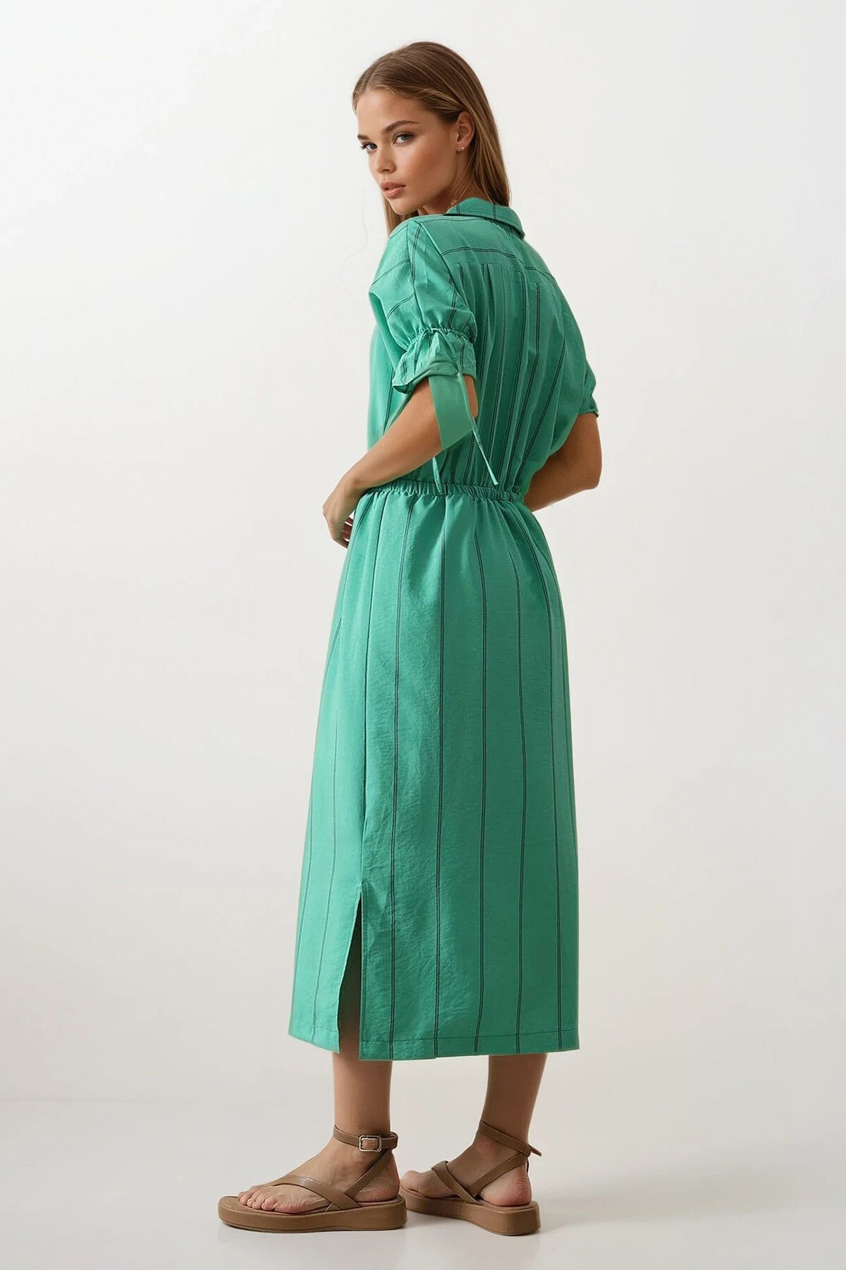 Yeşil Gömlek Yaka Beli Ve Kolu Lastikli Çizgili Elbise