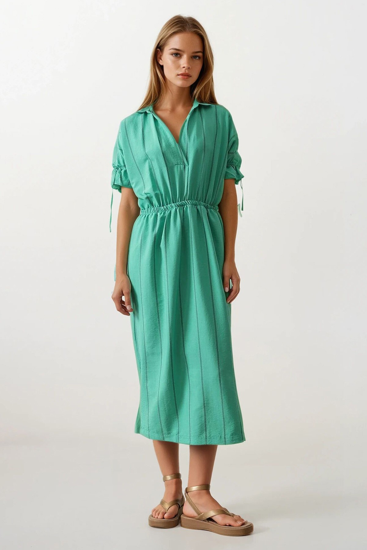 Yeşil Gömlek Yaka Beli Ve Kolu Lastikli Çizgili Elbise