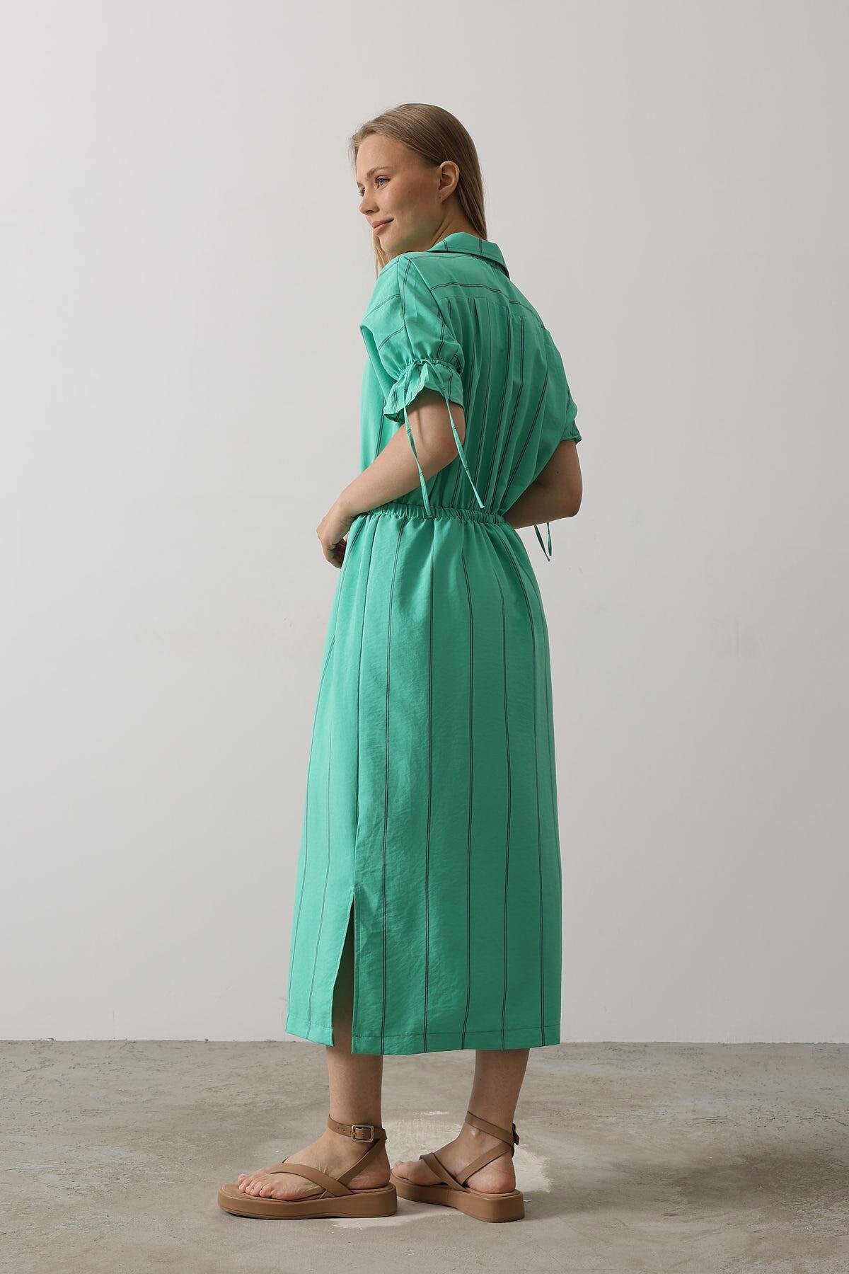 Yeşil Gömlek Yaka Beli Ve Kolu Lastikli Çizgili Elbise