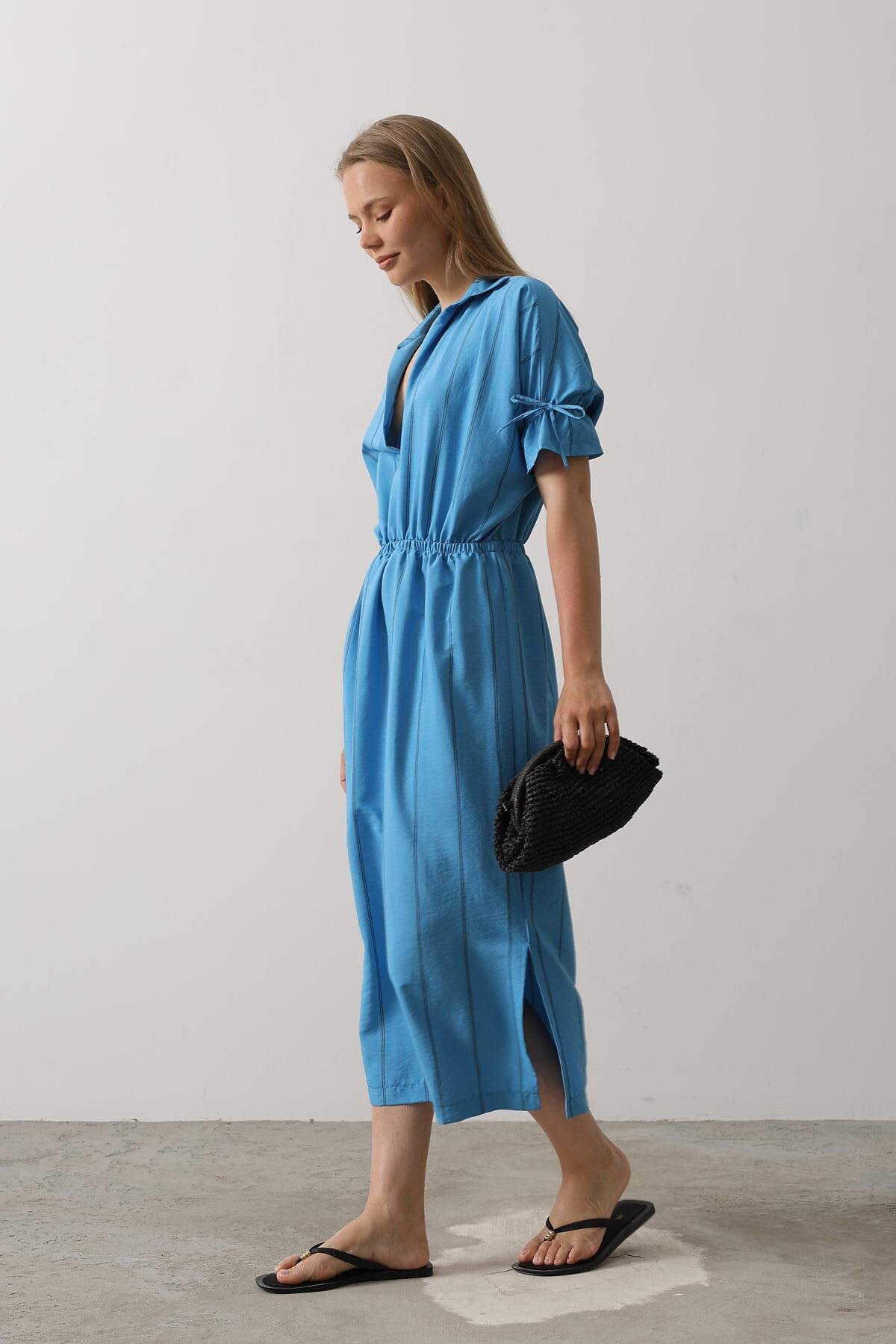 Mavi Gömlek Yaka Beli Ve Kolu Lastikli Çizgili Elbise