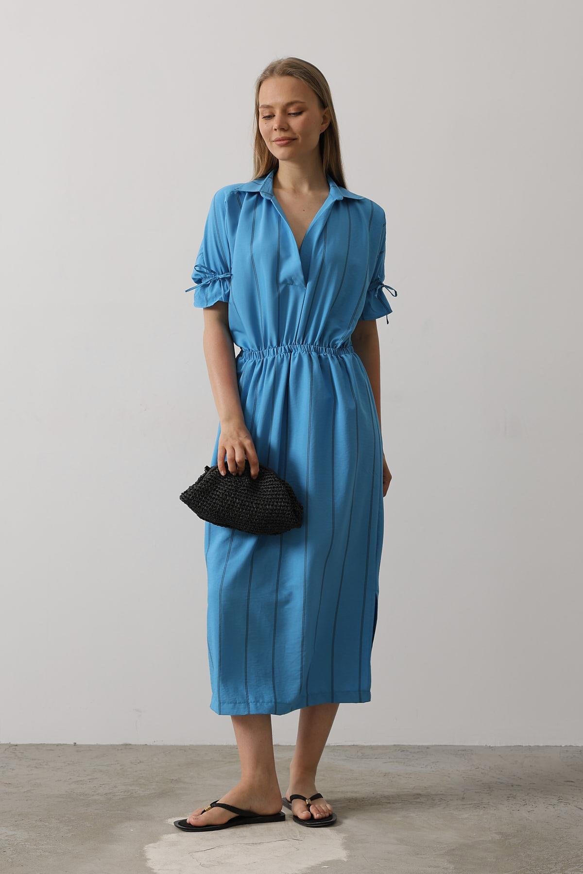 Mavi Gömlek Yaka Beli Ve Kolu Lastikli Çizgili Elbise