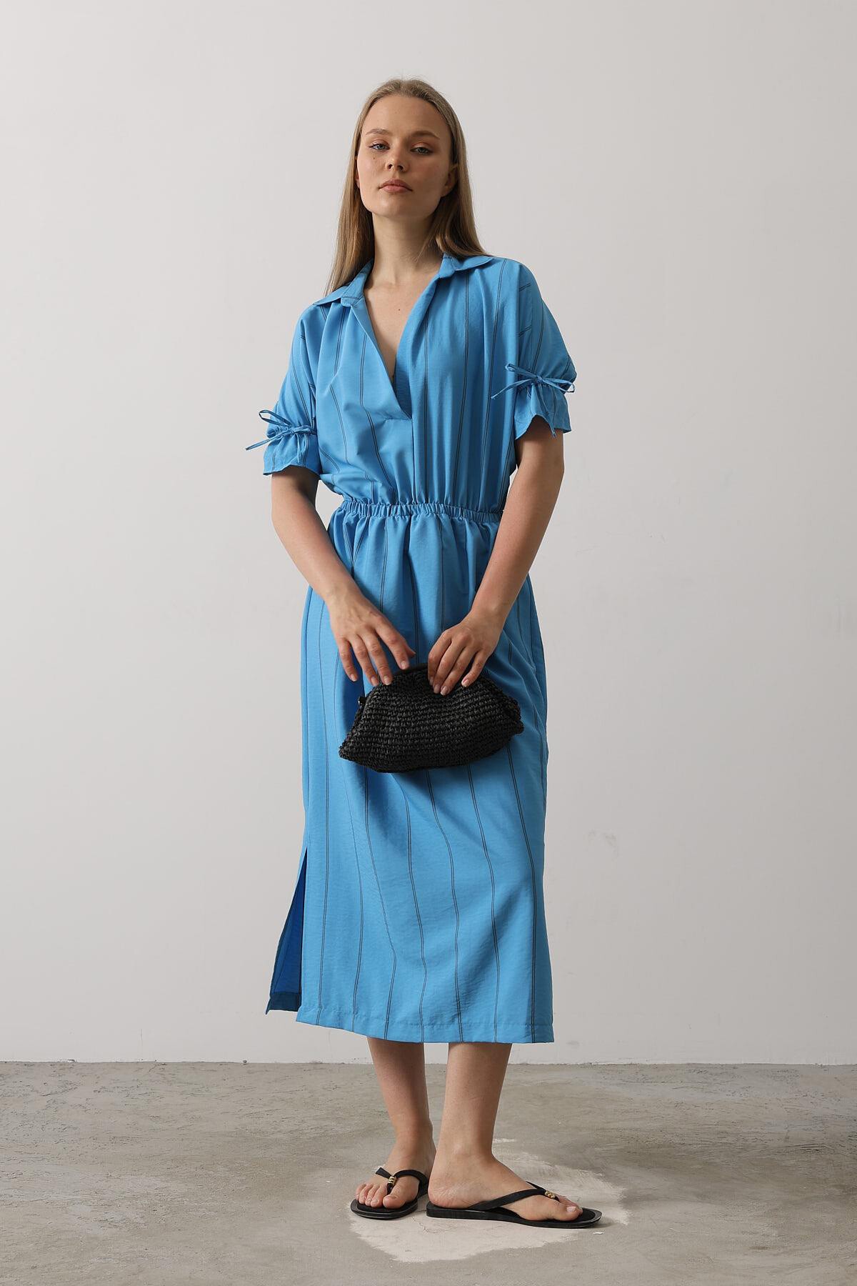 Mavi Gömlek Yaka Beli Ve Kolu Lastikli Çizgili Elbise