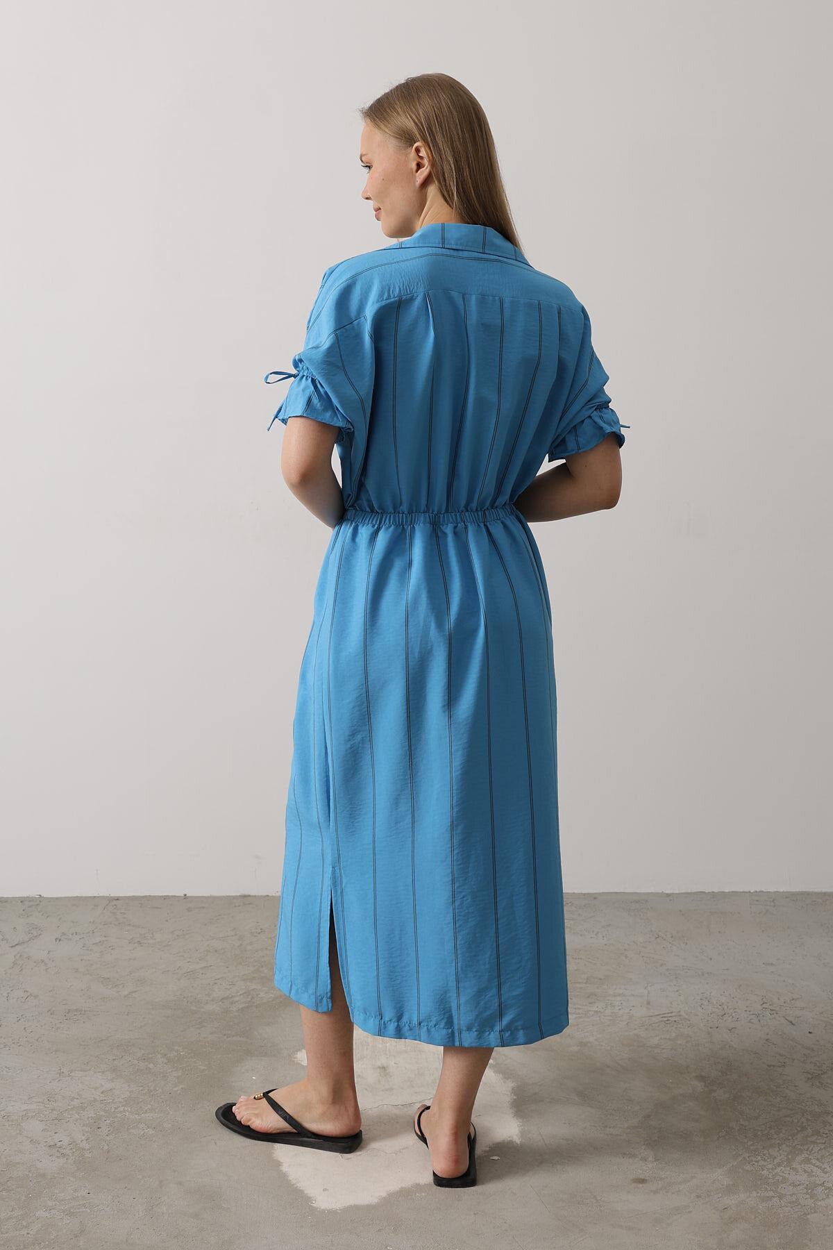 Mavi Gömlek Yaka Beli Ve Kolu Lastikli Çizgili Elbise