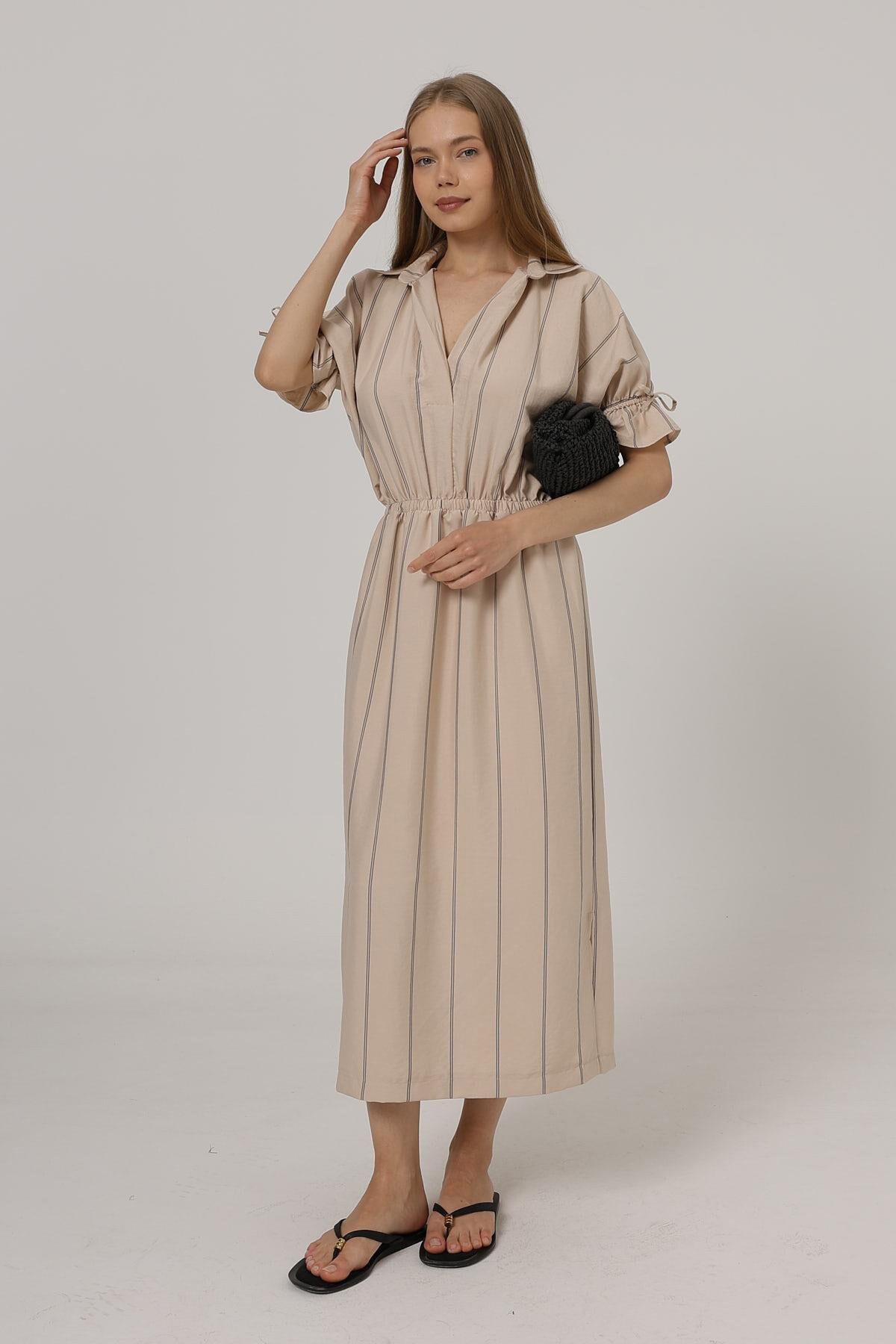 Taş Gömlek Yaka Beli Ve Kolu Lastikli Çizgili Elbise