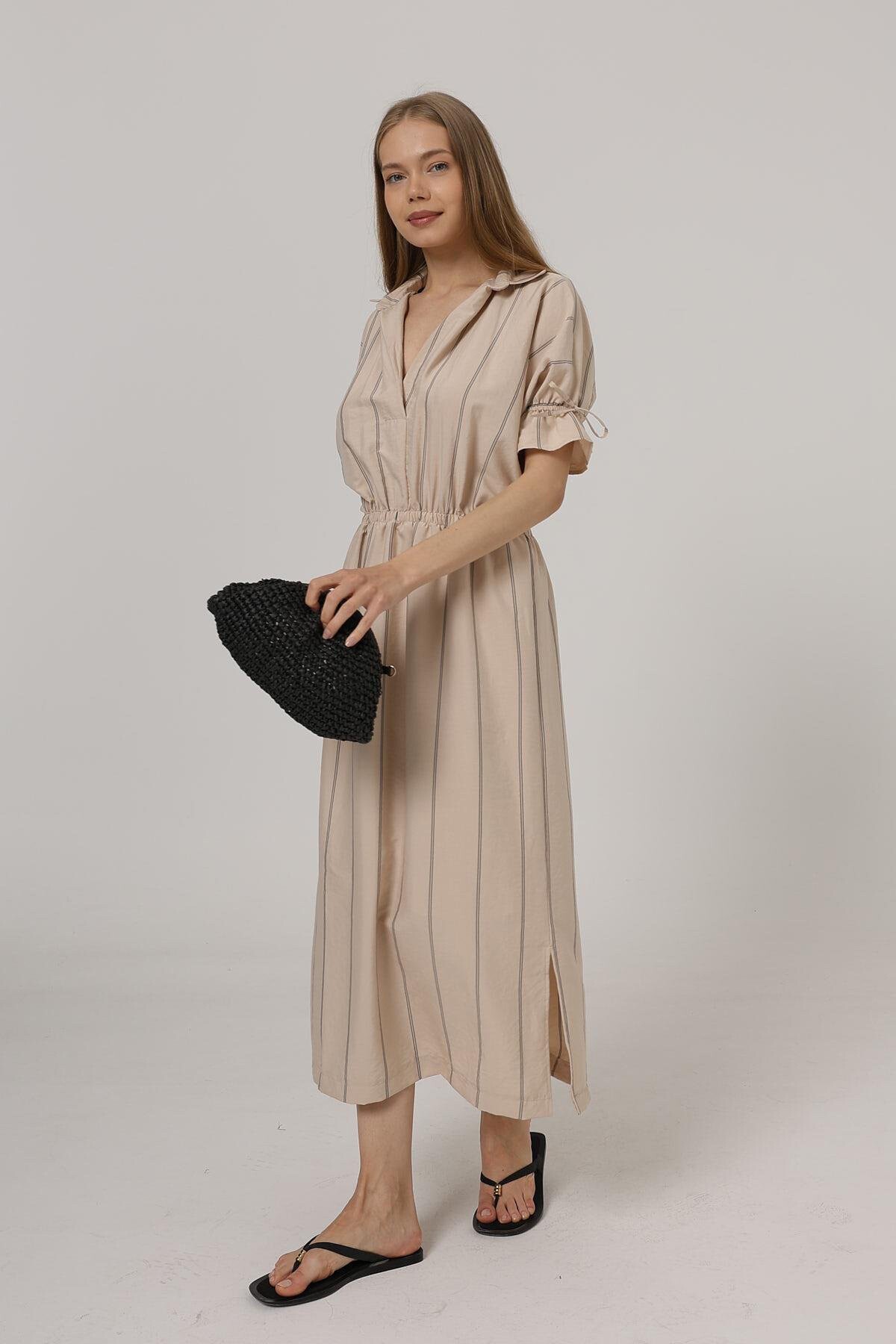 Taş Gömlek Yaka Beli Ve Kolu Lastikli Çizgili Elbise