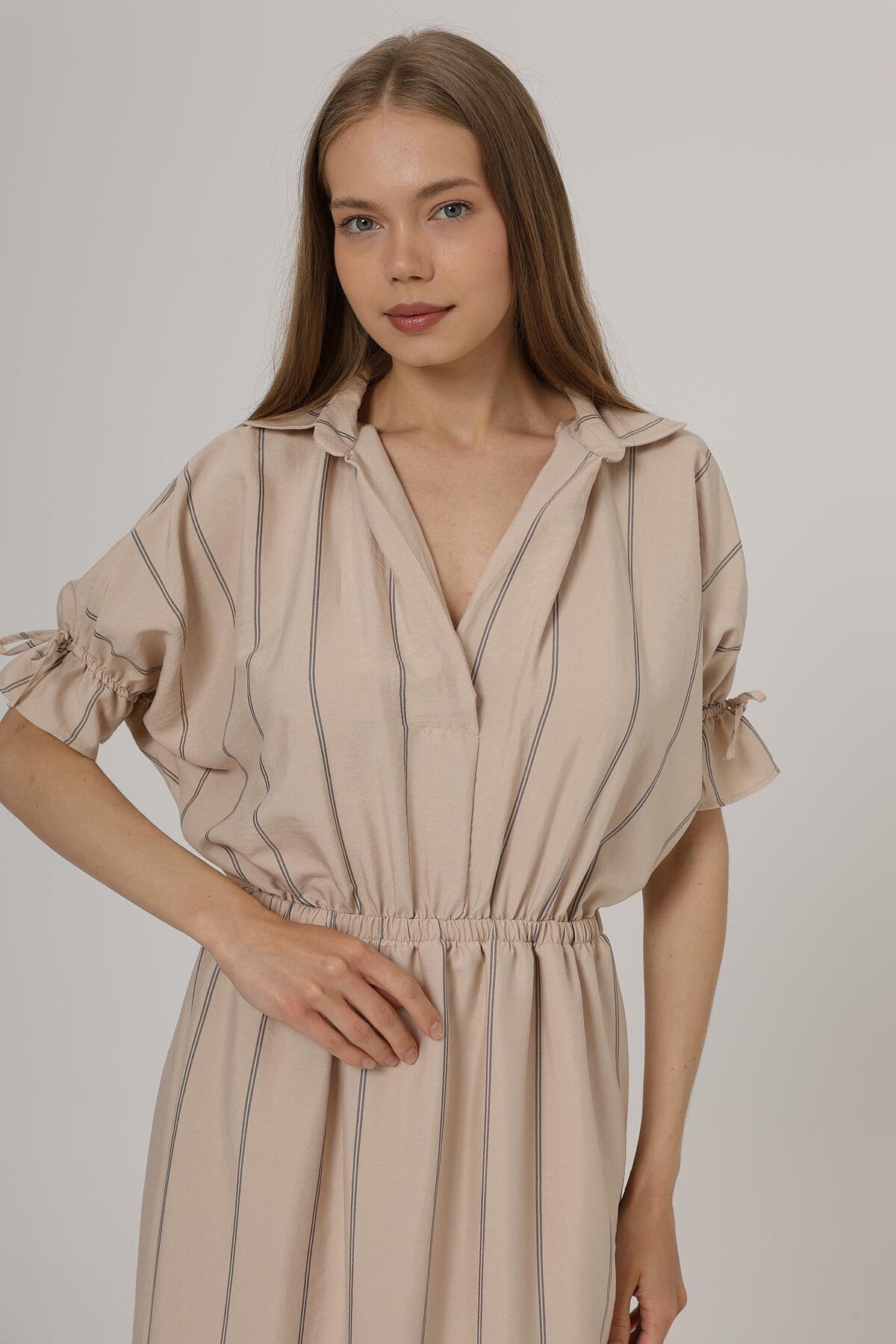 Taş Gömlek Yaka Beli Ve Kolu Lastikli Çizgili Elbise