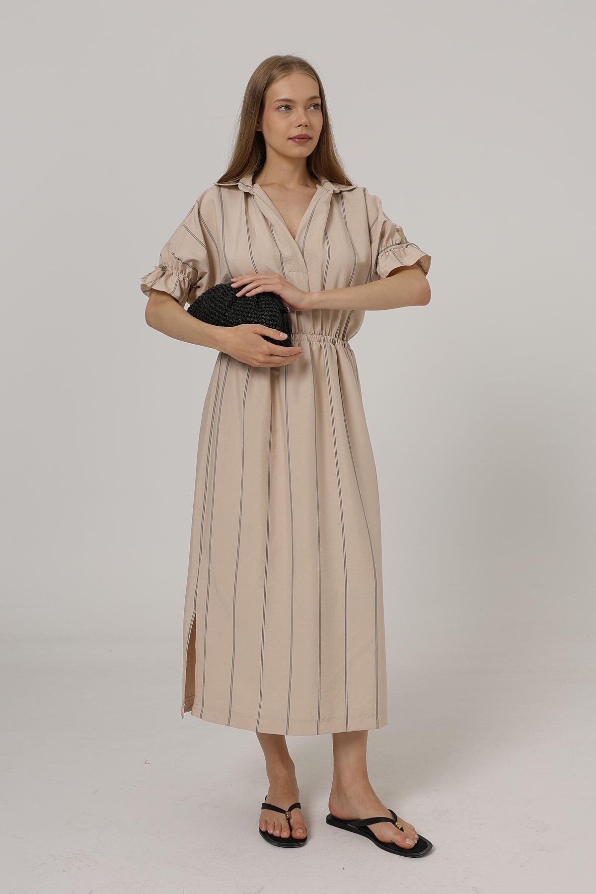 Taş Gömlek Yaka Beli Ve Kolu Lastikli Çizgili Elbise