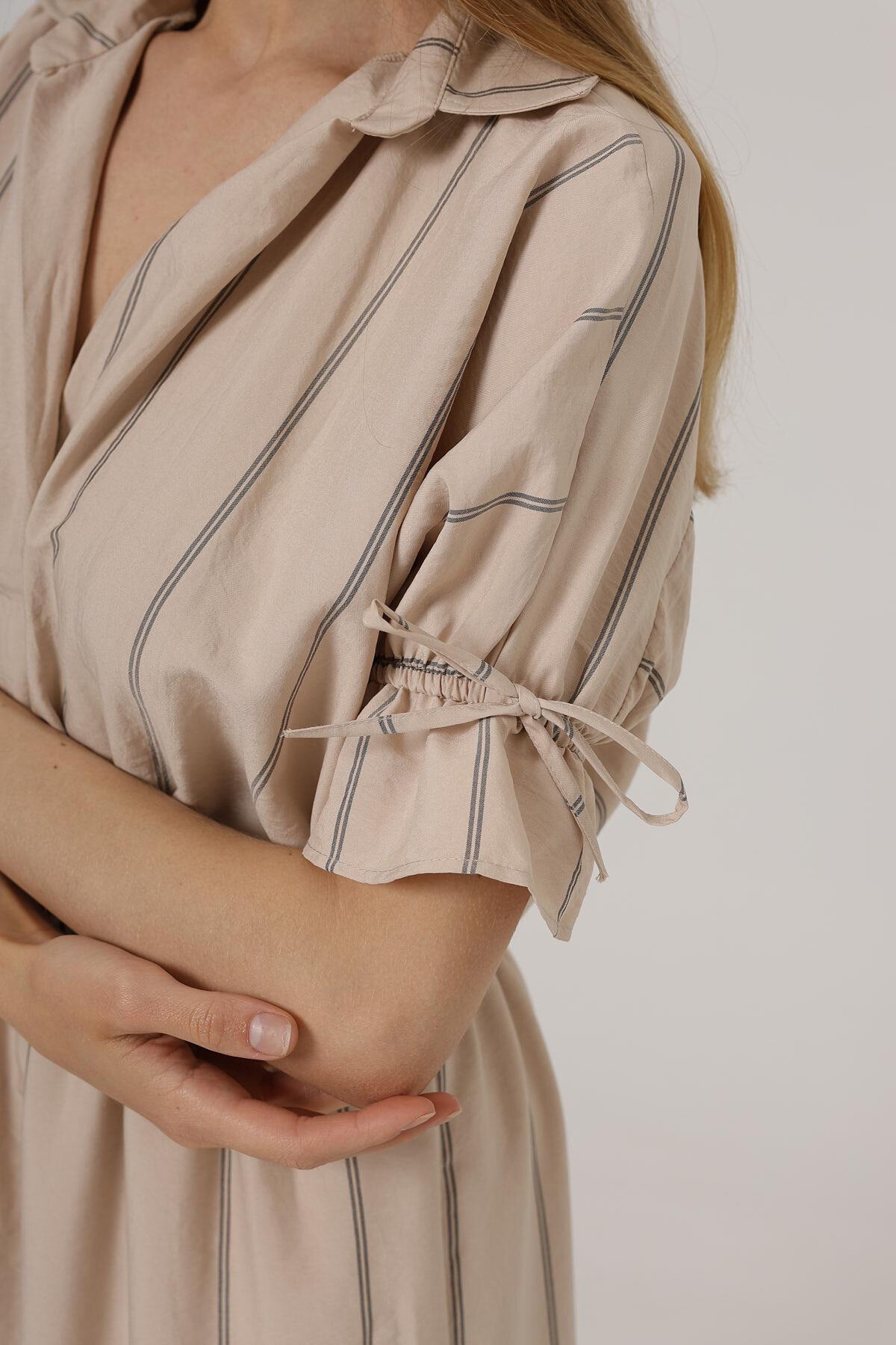 Taş Gömlek Yaka Beli Ve Kolu Lastikli Çizgili Elbise