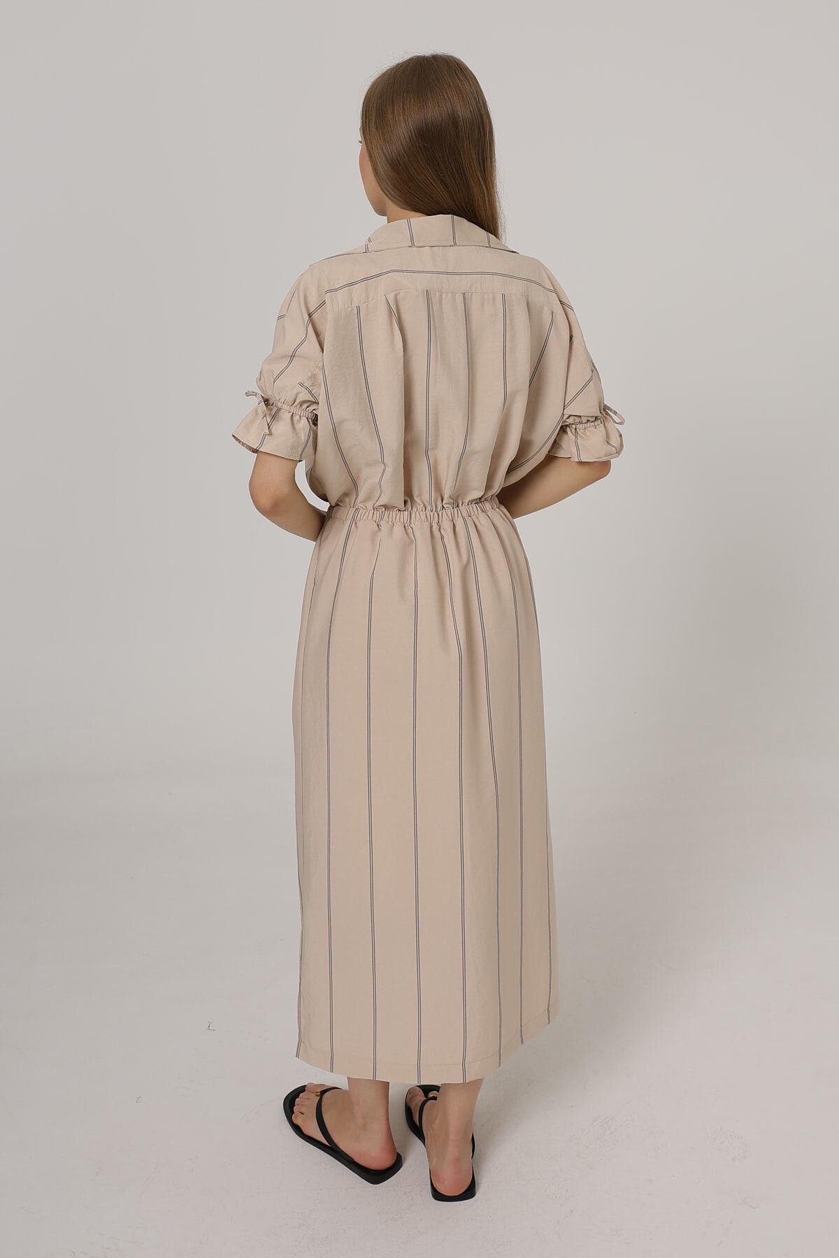 Taş Gömlek Yaka Beli Ve Kolu Lastikli Çizgili Elbise