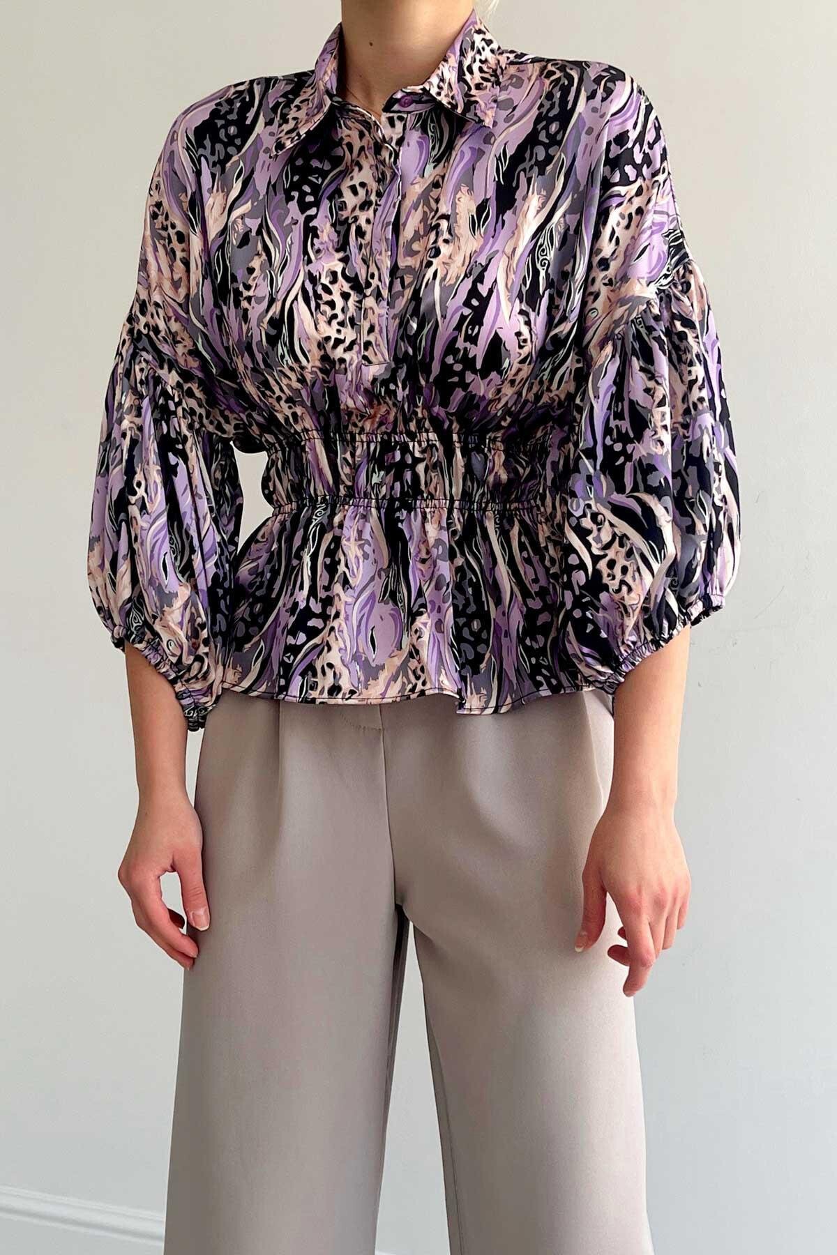 Lila Beli Lastikli Saten Gömlek