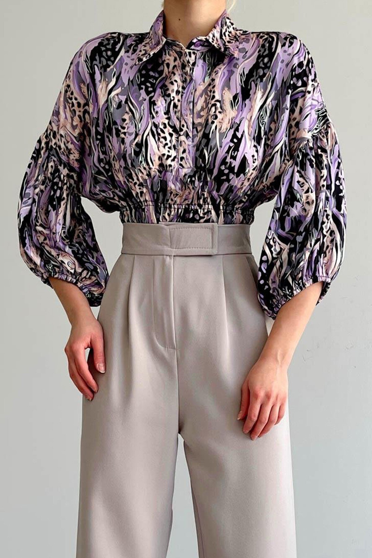 Lila Beli Lastikli Saten Gömlek