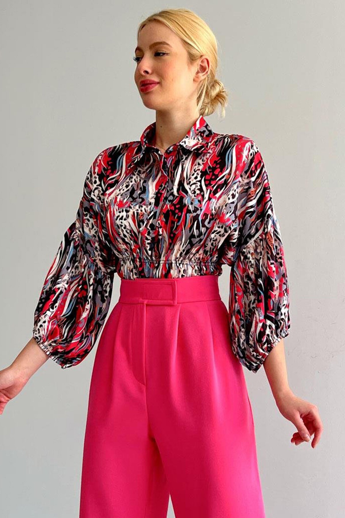 Fuşya Beli Lastikli Saten Gömlek