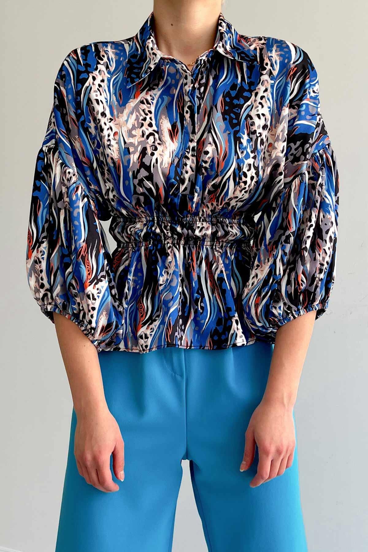 Mavi Beli Lastikli Saten Gömlek