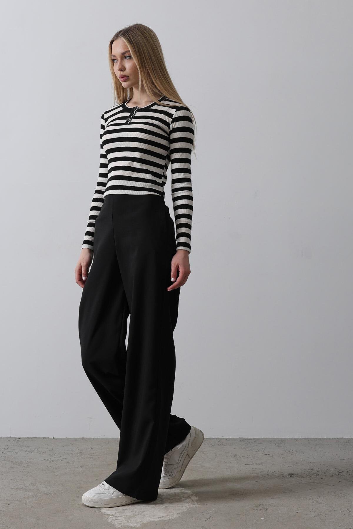 Siyah Çift Cepli Beli Yarım Lastikli Palazzo Pantolon