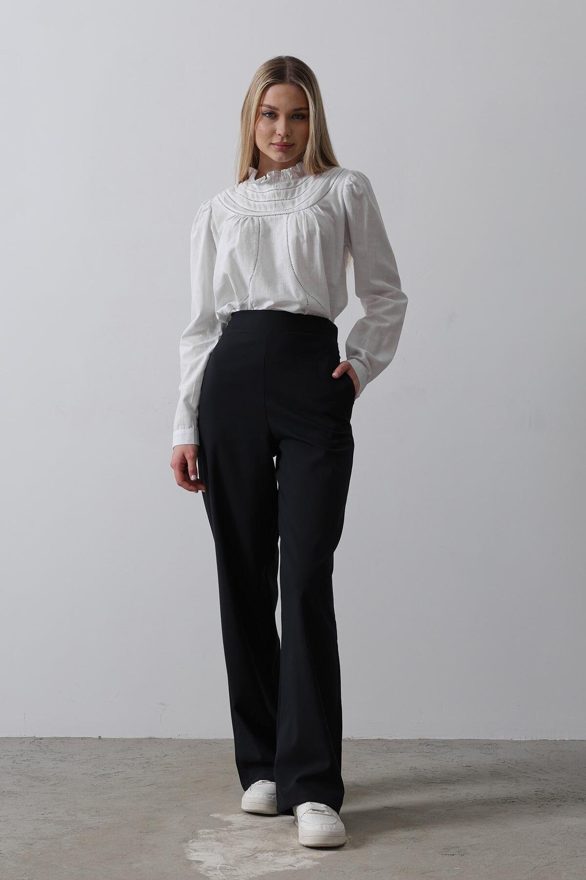 Lacivert Çift Cepli Beli Yarım Lastikli Palazzo Pantolon