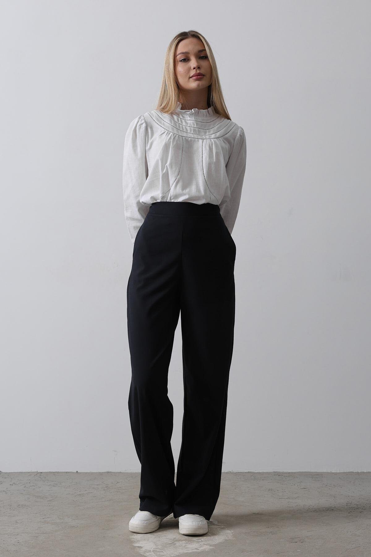 Lacivert Çift Cepli Beli Yarım Lastikli Palazzo Pantolon