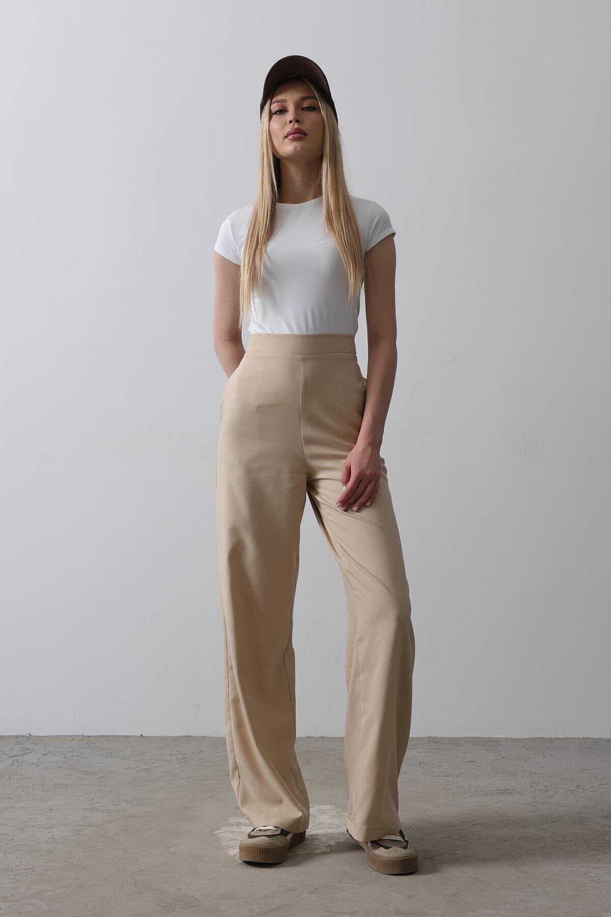 Camel Çift Cepli Beli Yarım Lastikli Palazzo Pantolon