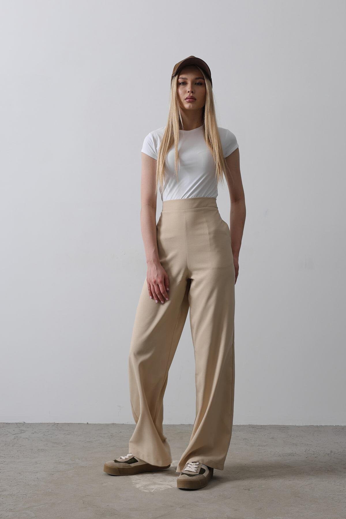 Camel Çift Cepli Beli Yarım Lastikli Palazzo Pantolon