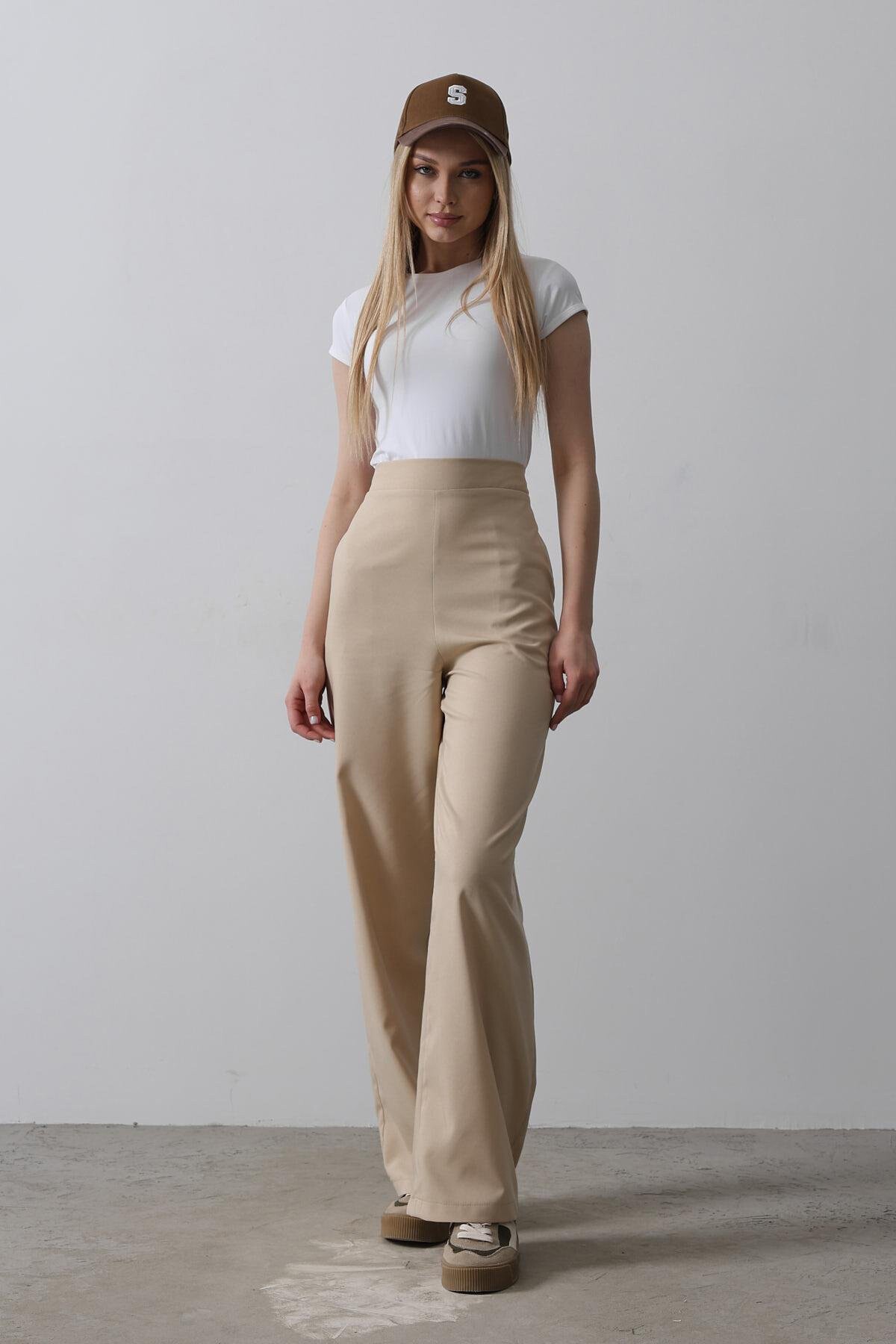 Camel Çift Cepli Beli Yarım Lastikli Palazzo Pantolon