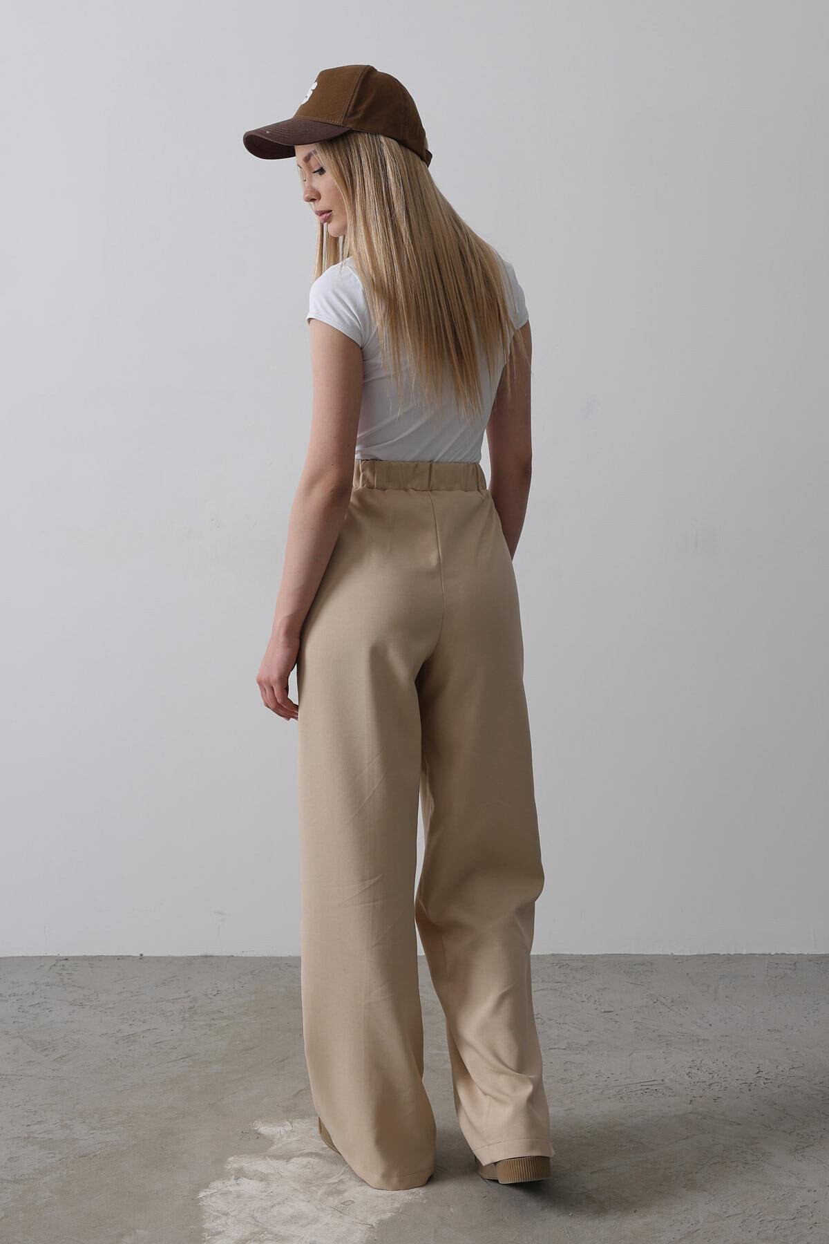 Camel Çift Cepli Beli Yarım Lastikli Palazzo Pantolon