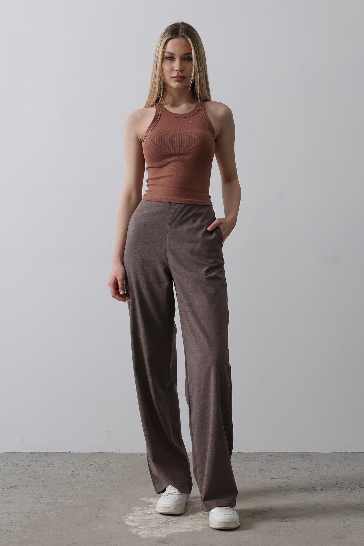 Kahve Çift Cepli Beli Yarım Lastikli Palazzo Pantolon