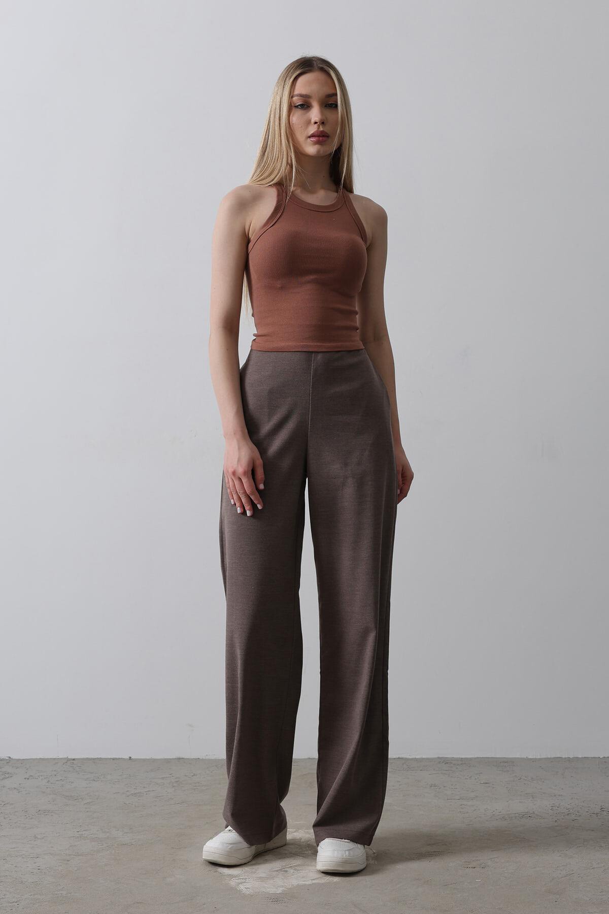 Kahve Çift Cepli Beli Yarım Lastikli Palazzo Pantolon