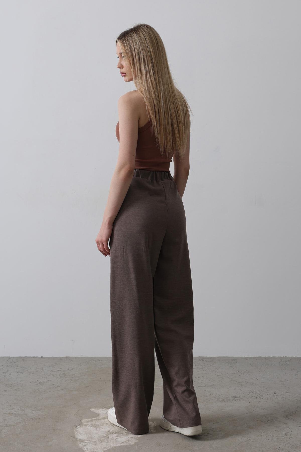 Kahve Çift Cepli Beli Yarım Lastikli Palazzo Pantolon