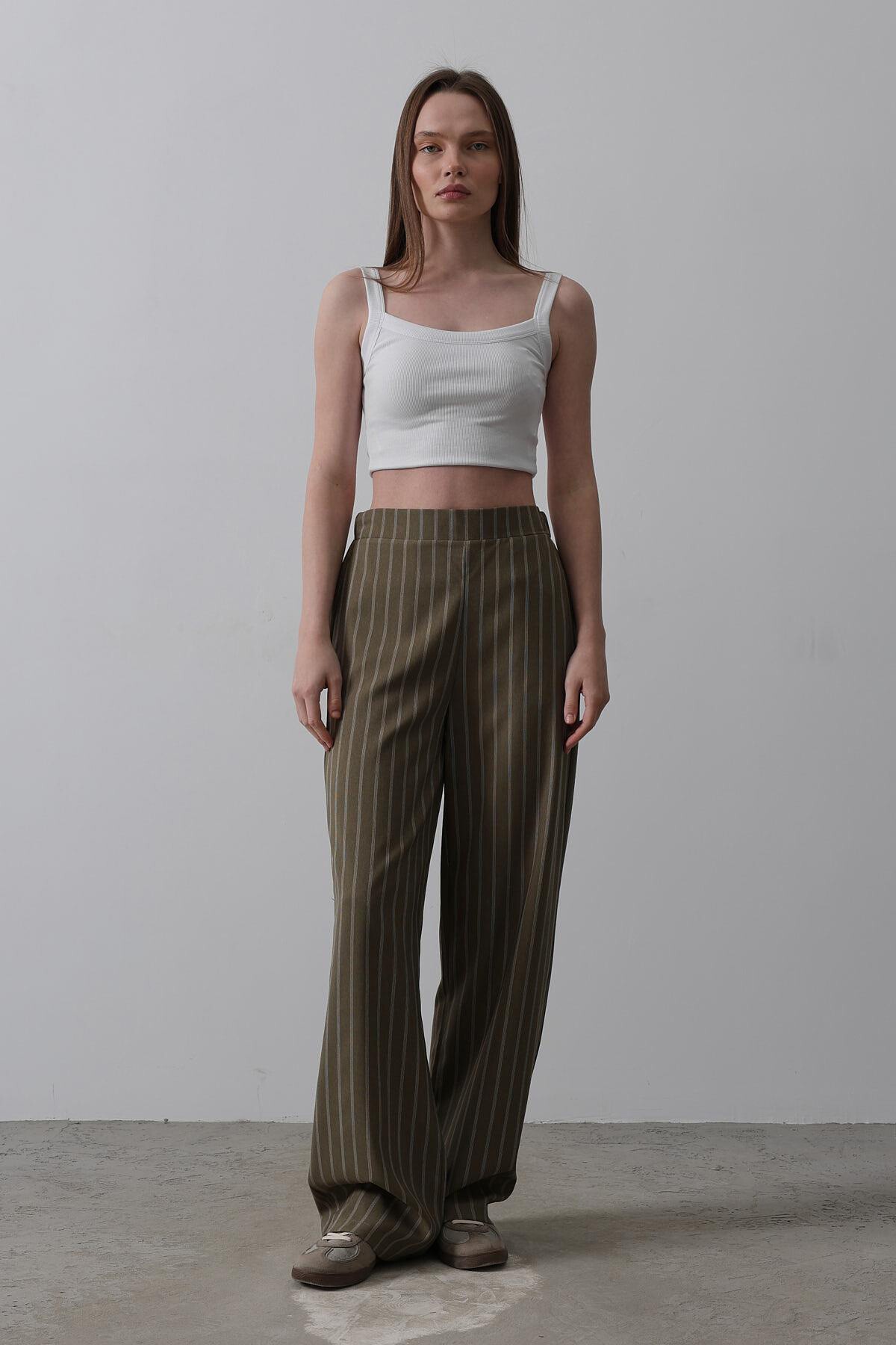 Haki Beli Yarım Lastikli Çizgili Palazzo Pantolon