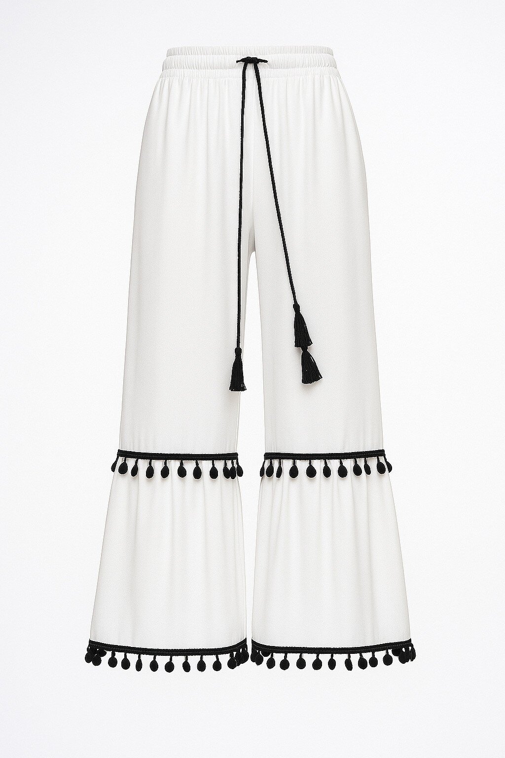 Beyaz Beli Lastikli Püskül Detaylı Geniş Paça Dokuma Viskon Pantolon