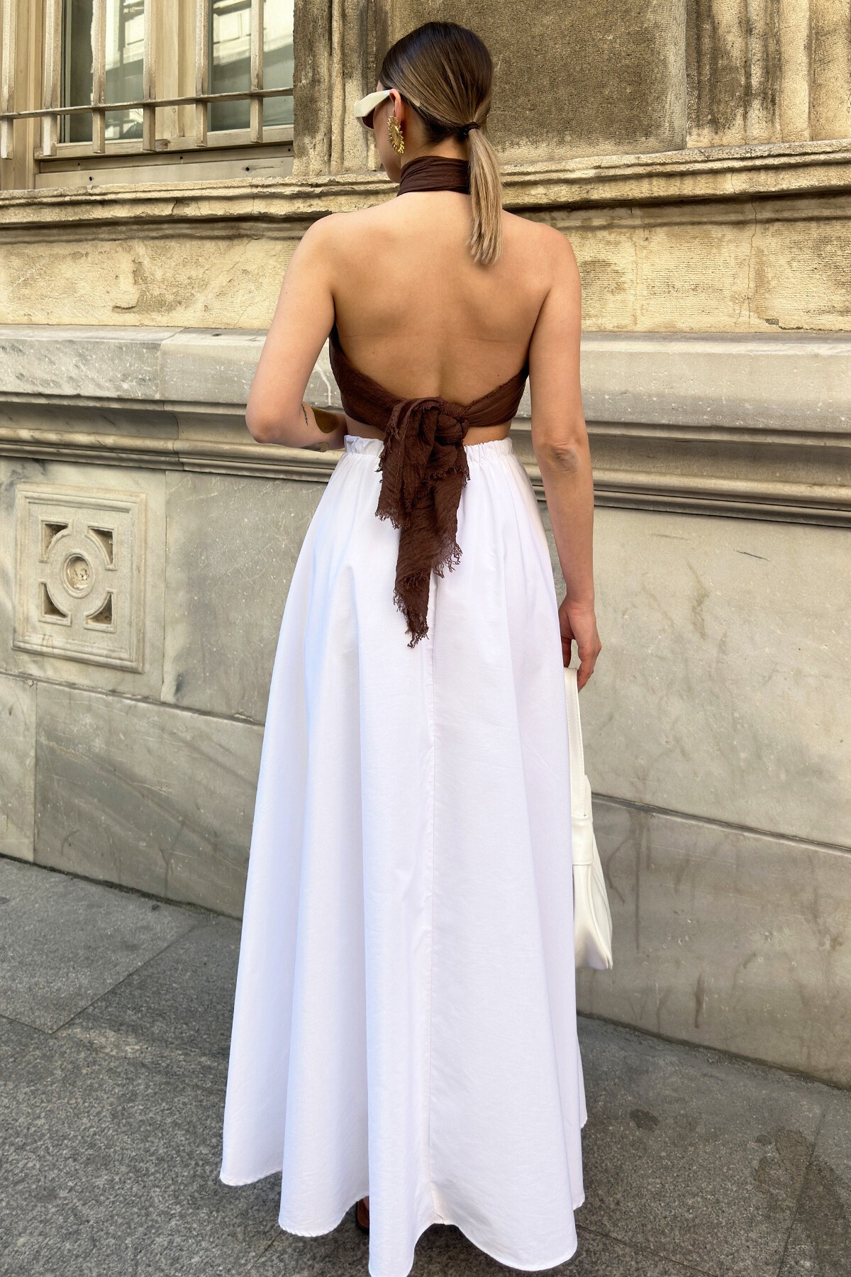 Beyaz Çift Cepli Beli Lastikli Maxi Boy Etek