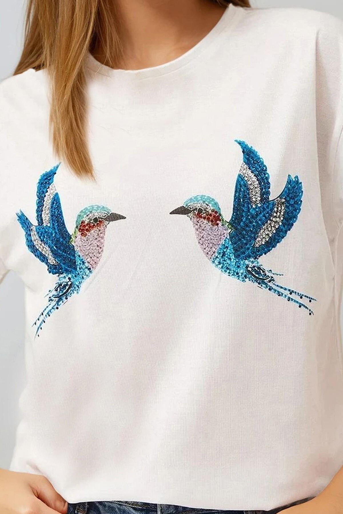 Beyaz Taşlı Baskılı Oversize T-Shirt