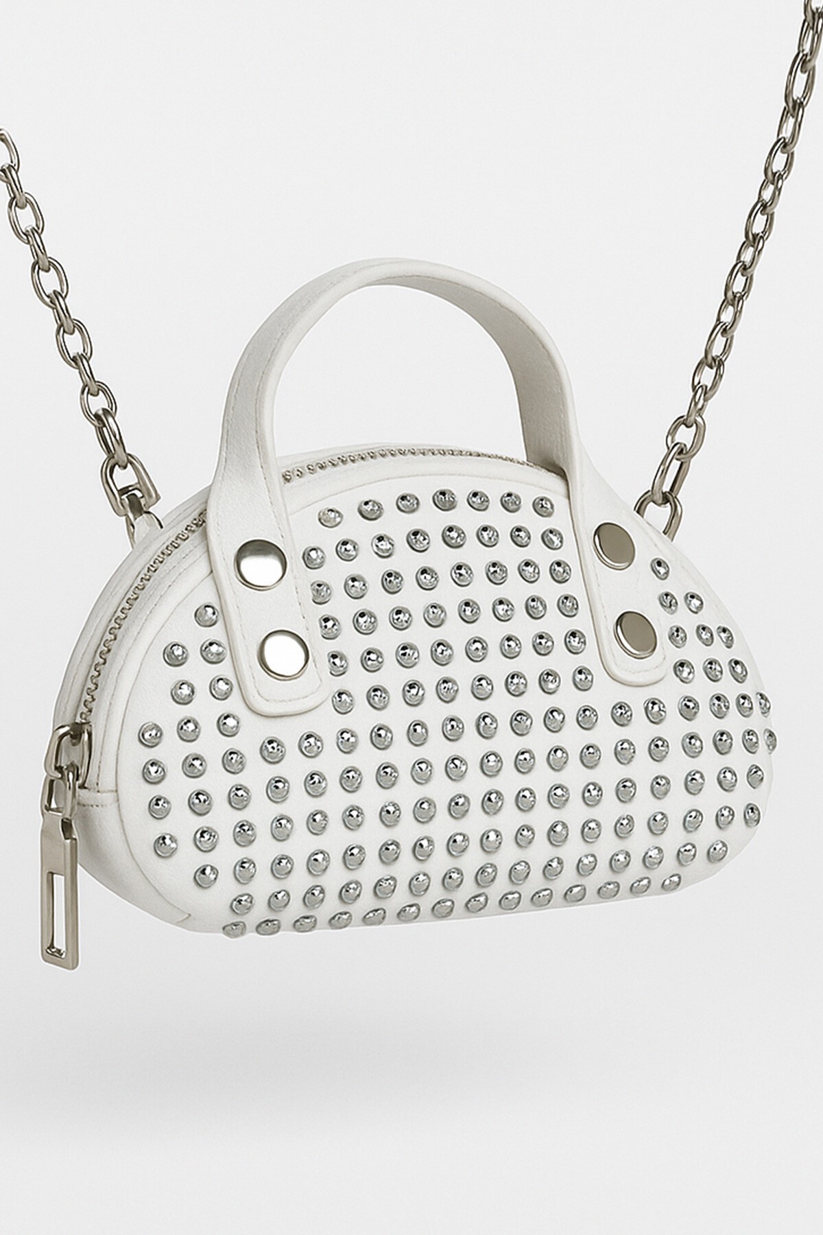 Beyaz Zinicr Askılı Taş İşlemeli Mini Çanta