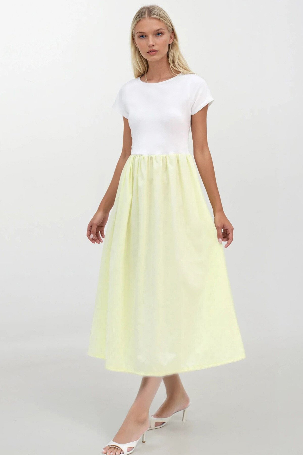 Sarı Bisiklet Yaka Beli Lastikli Renk Bloklu Maxi Boy Elbise