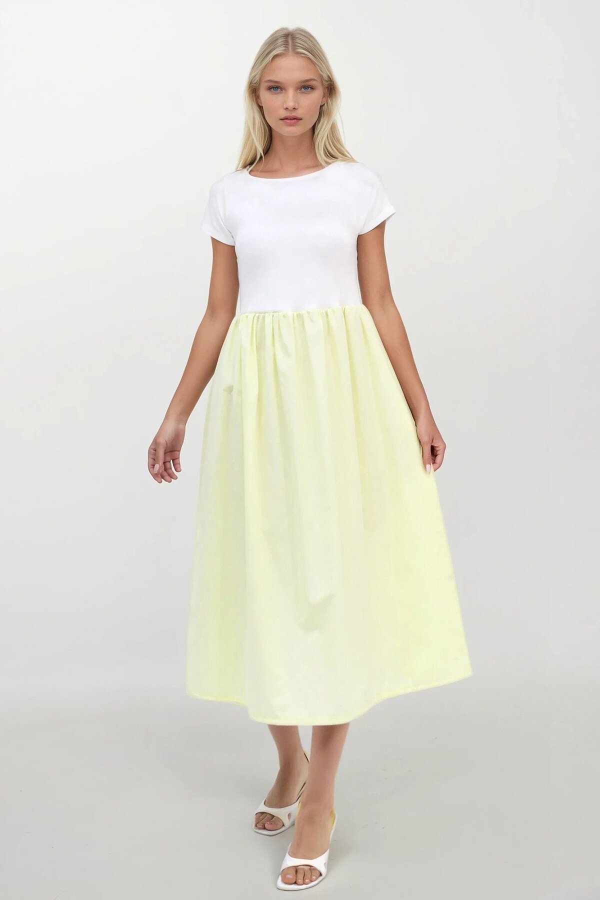 Sarı Bisiklet Yaka Beli Lastikli Renk Bloklu Maxi Boy Elbise