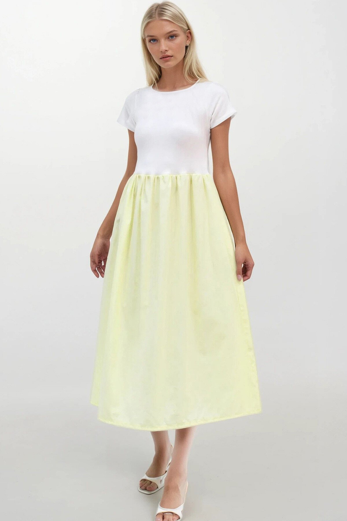 Sarı Bisiklet Yaka Beli Lastikli Renk Bloklu Maxi Boy Elbise