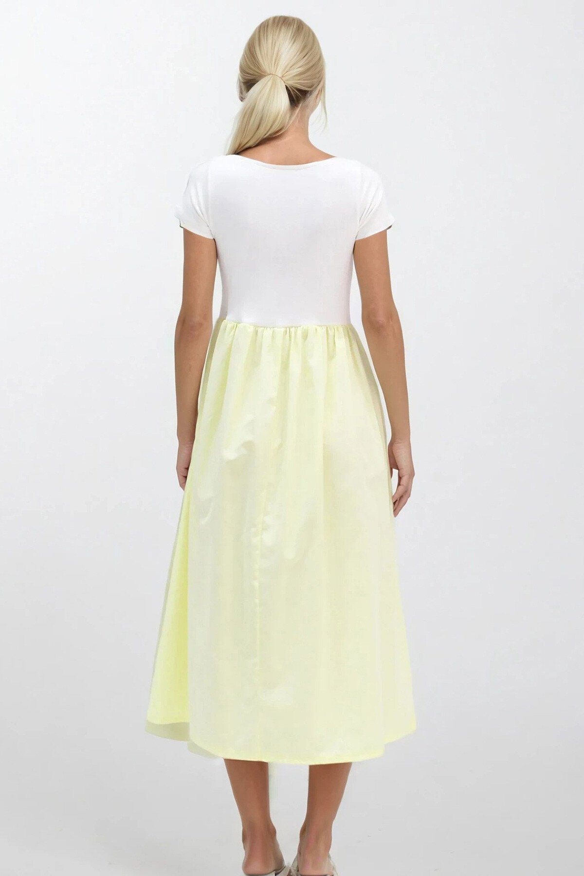 Sarı Bisiklet Yaka Beli Lastikli Renk Bloklu Maxi Boy Elbise