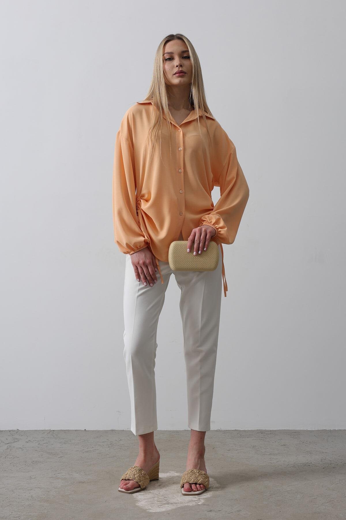 Somon Yanları Büzgülü Kolu Lastikli Aerobin Gömlek 