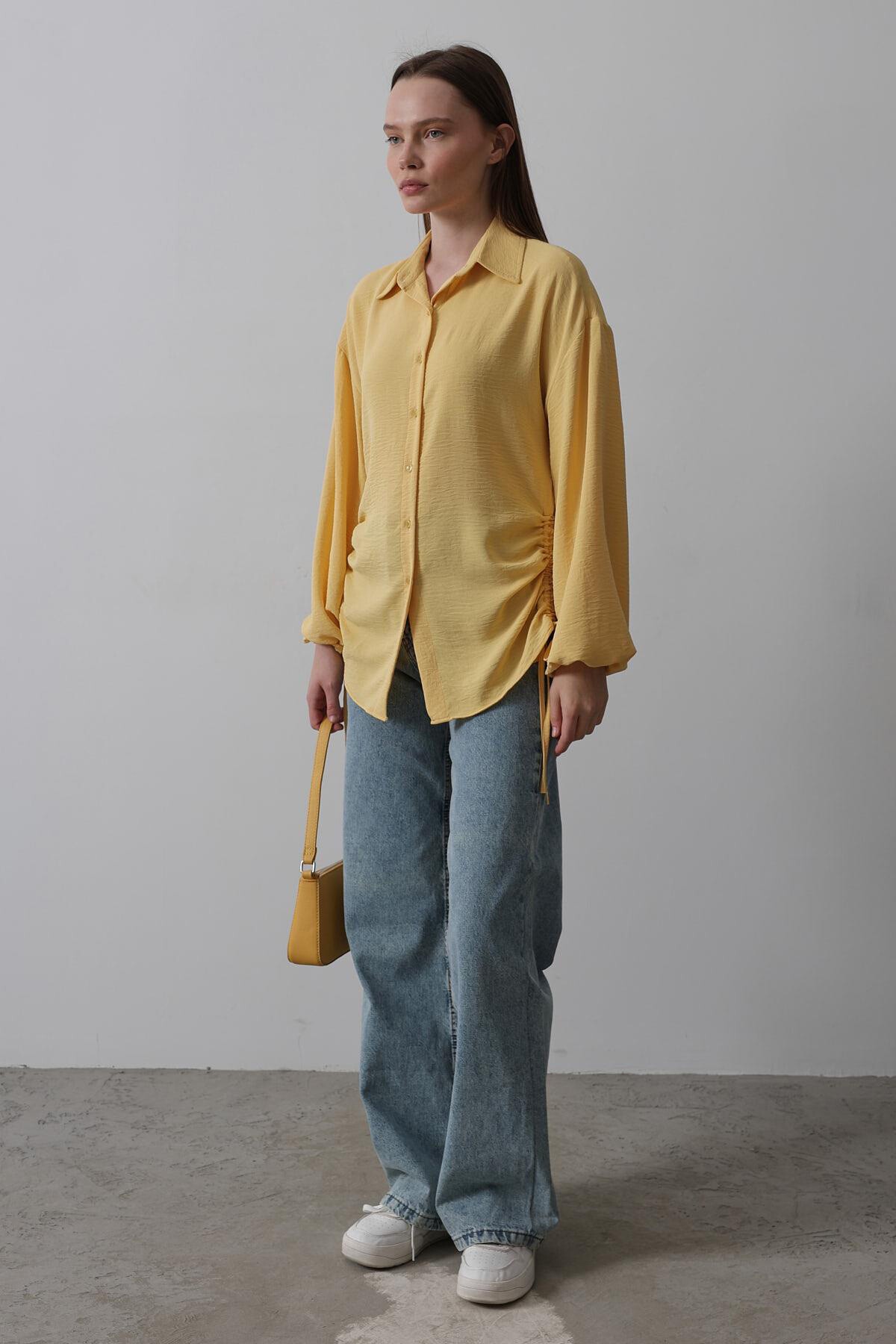 Sarı Yanları Büzgülü Kolu Lastikli Aerobin Gömlek 