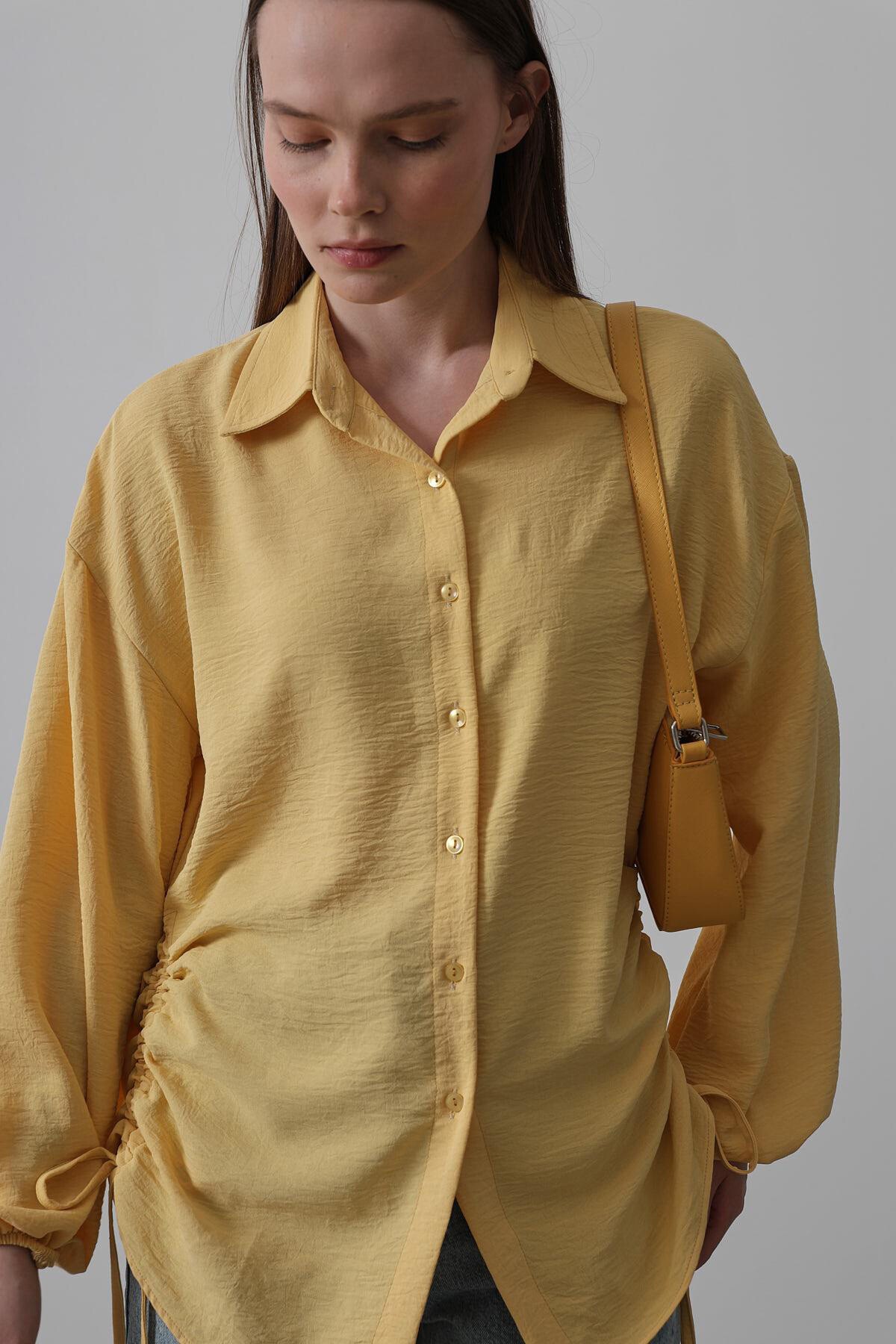 Sarı Yanları Büzgülü Kolu Lastikli Aerobin Gömlek 