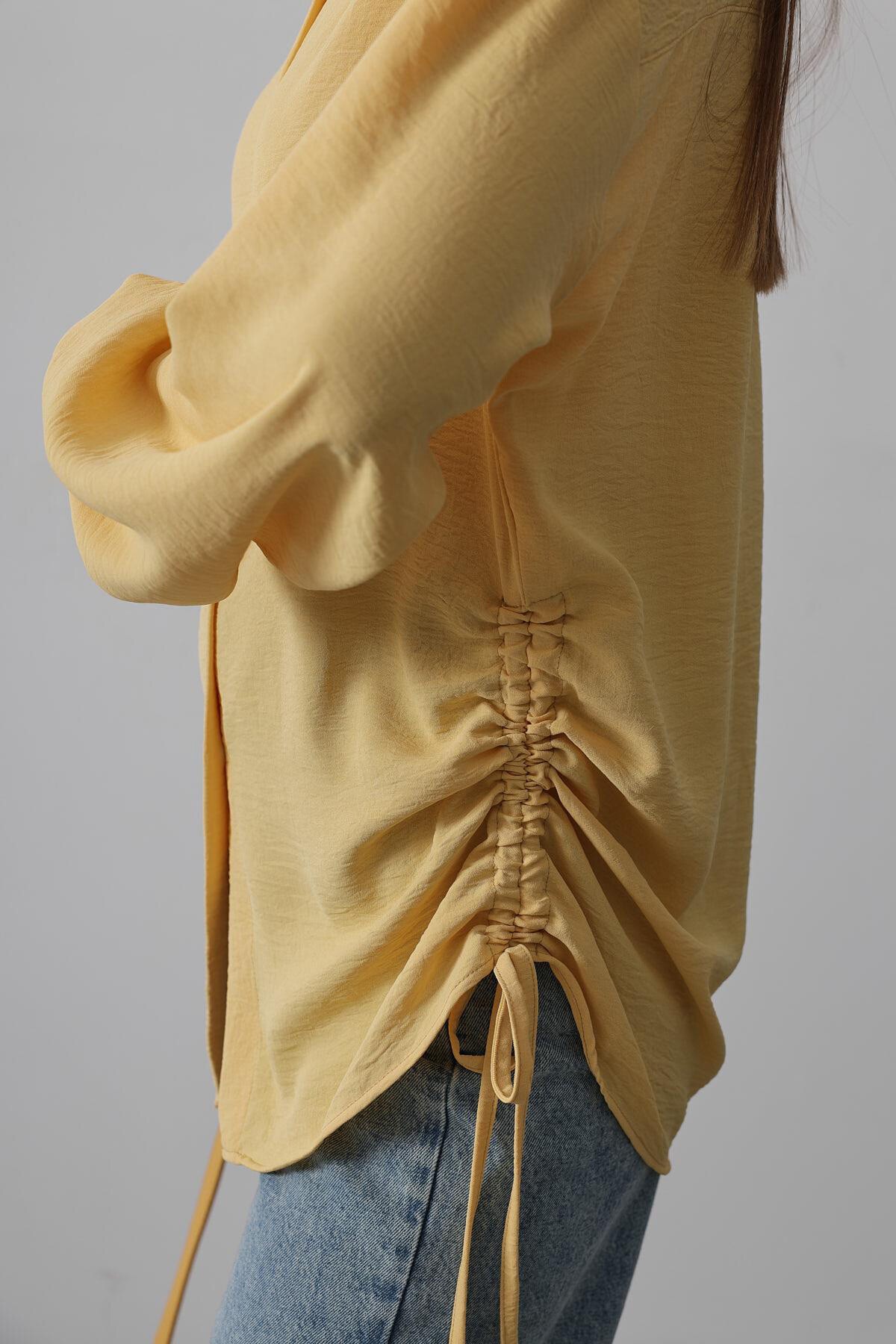 Sarı Yanları Büzgülü Kolu Lastikli Aerobin Gömlek 