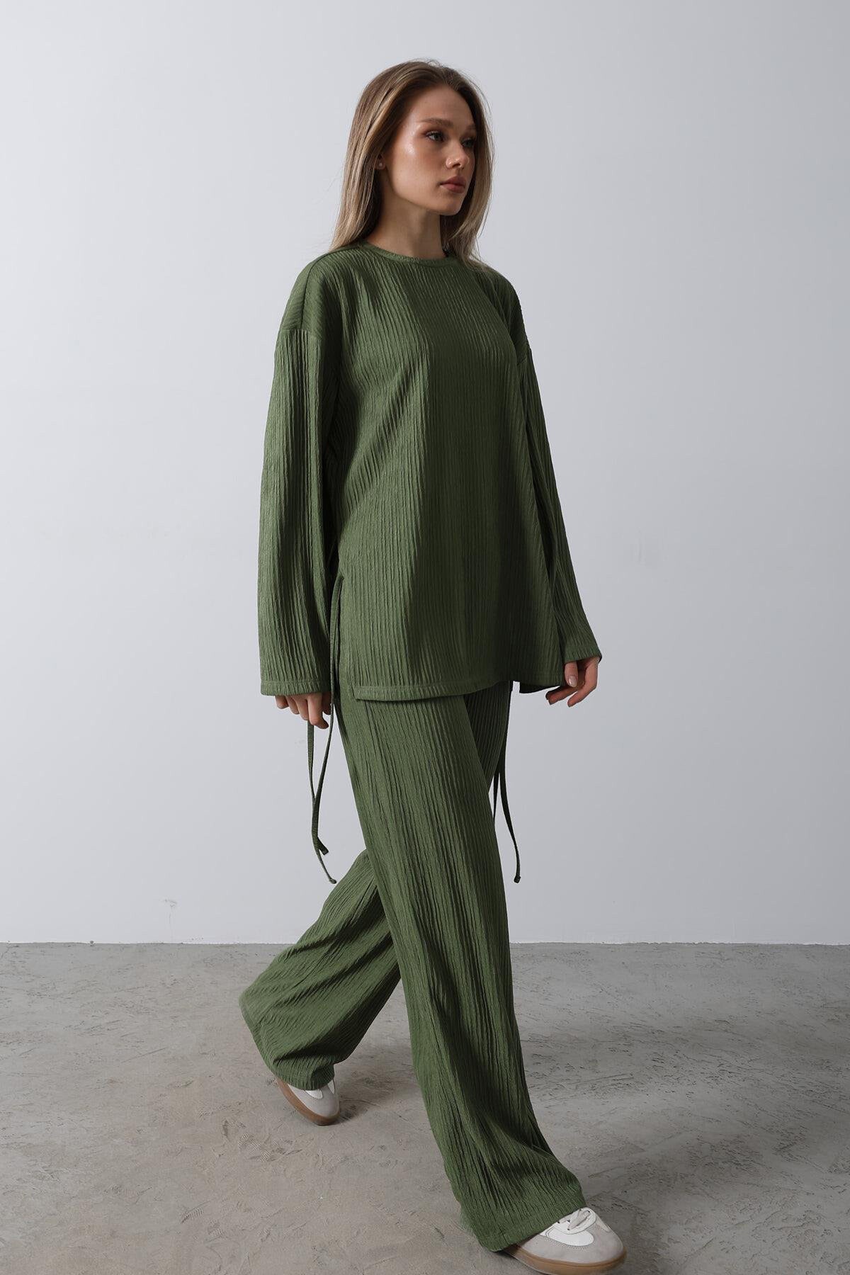 Haki Fitilli Bluz Ve Palazzo Pantolon Takım