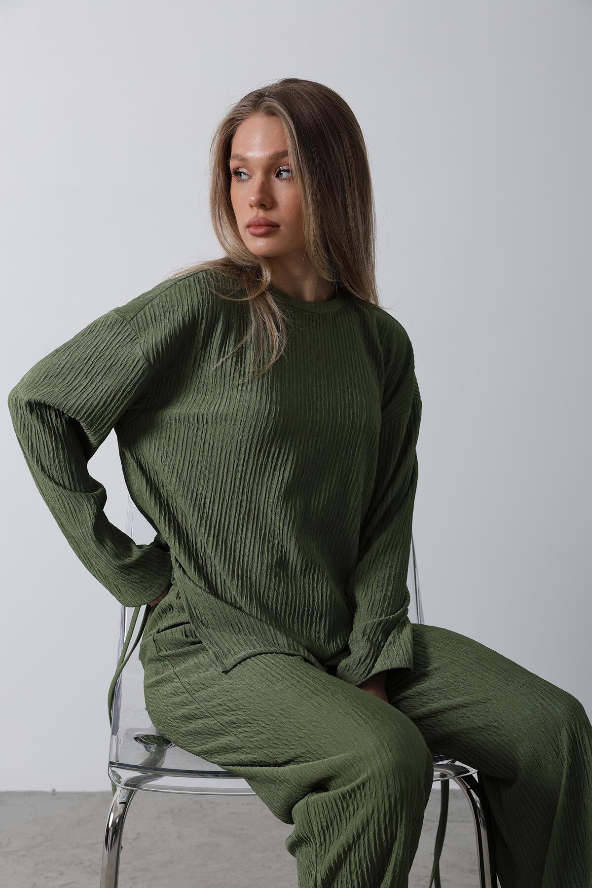 Haki Fitilli Bluz Ve Palazzo Pantolon Takım