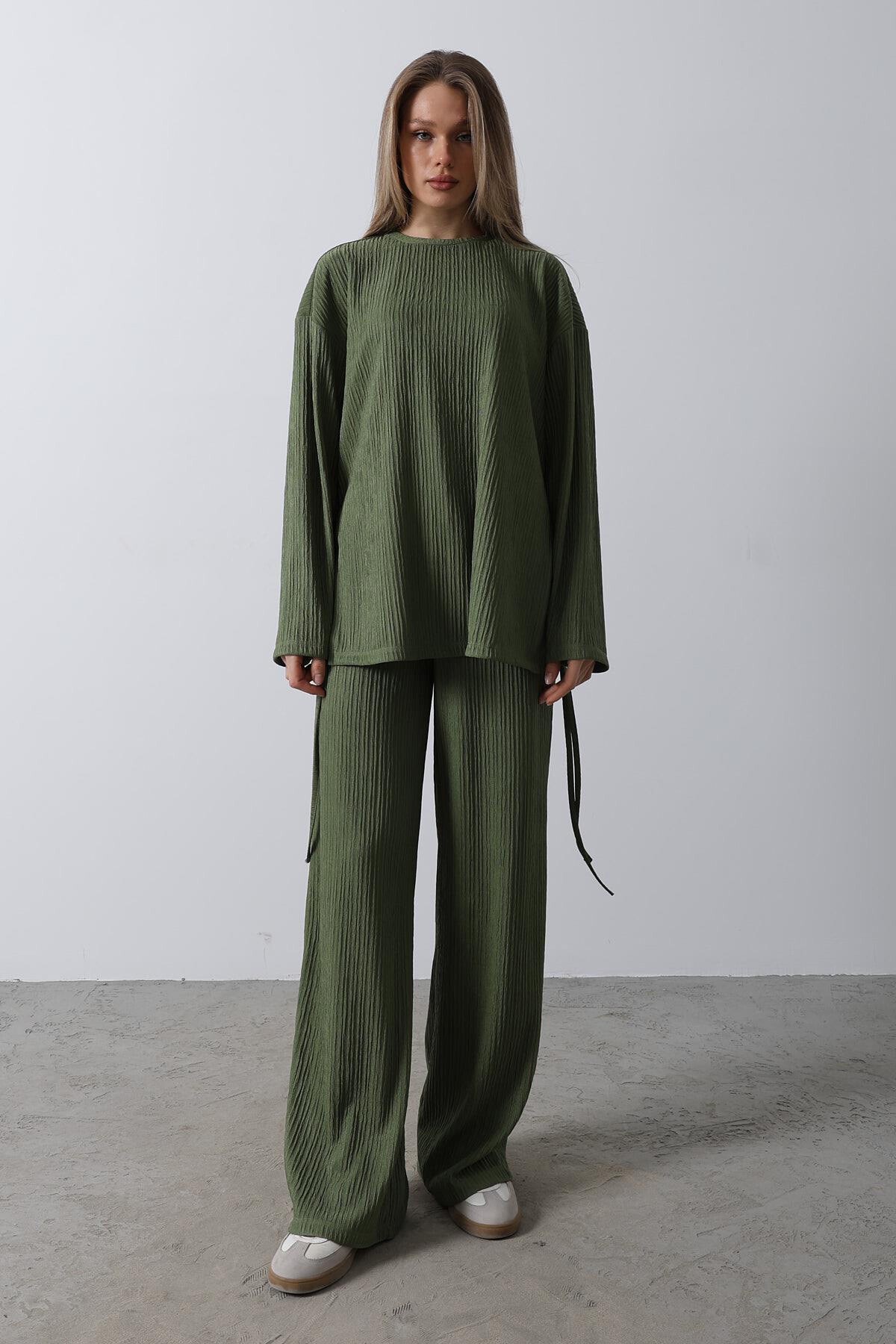 Haki Fitilli Bluz Ve Palazzo Pantolon Takım