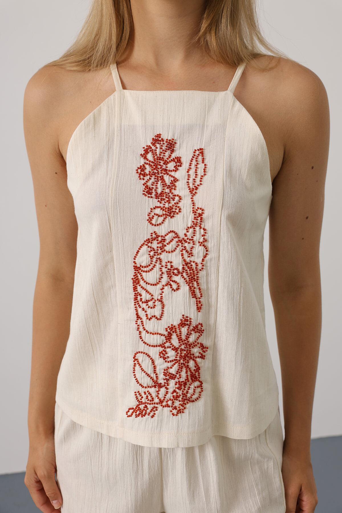 Krem Boncuk İşlemeli Askılı Pantolon Takım